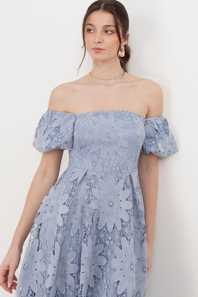 Maya Deluxe Maya Deluxe Women's Bardot Puff Short Sleeve Lace Midi Dress in Blue - 3