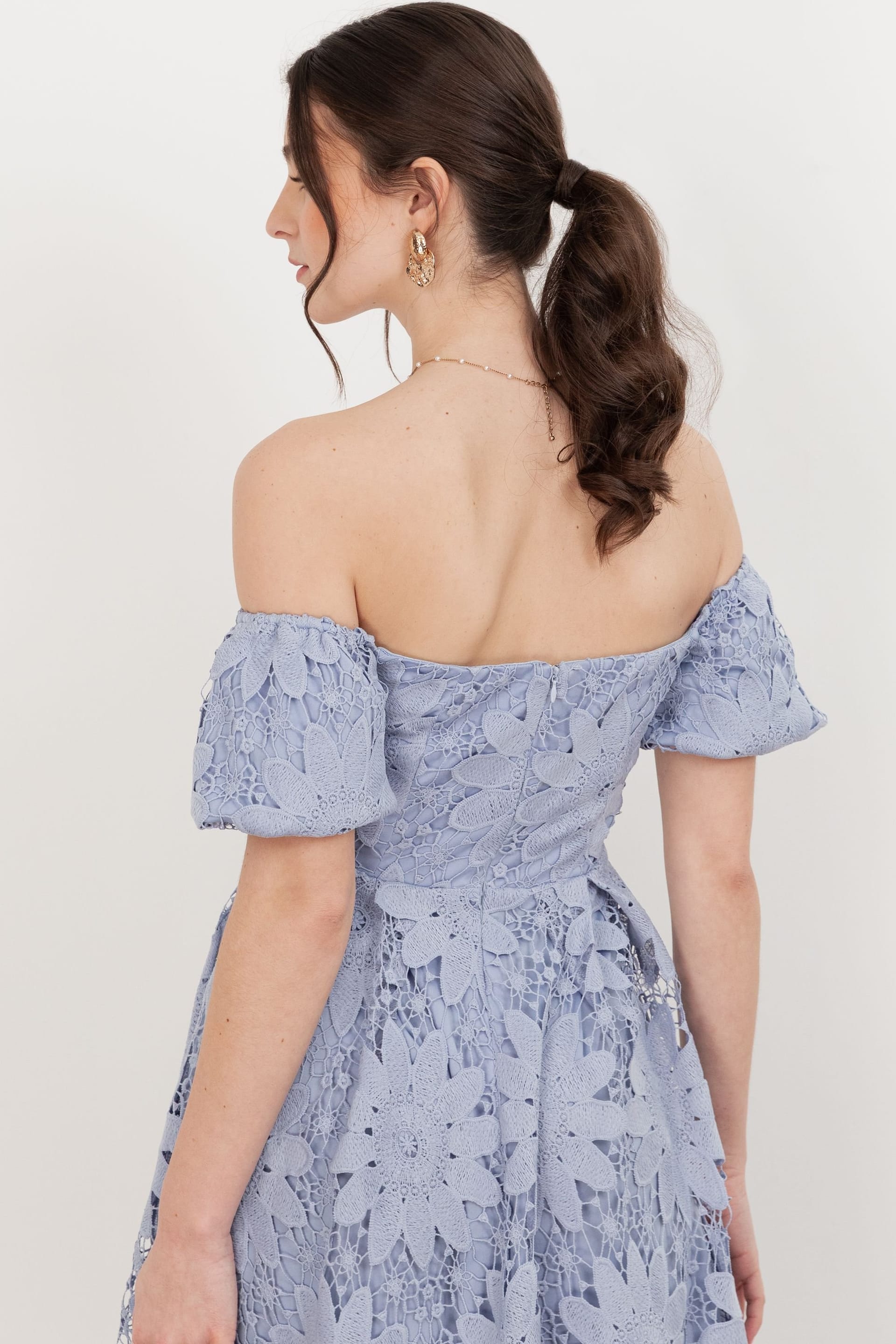 Maya Deluxe Maya Deluxe Women's Bardot Puff Short Sleeve Lace Midi Dress in Blue - 4