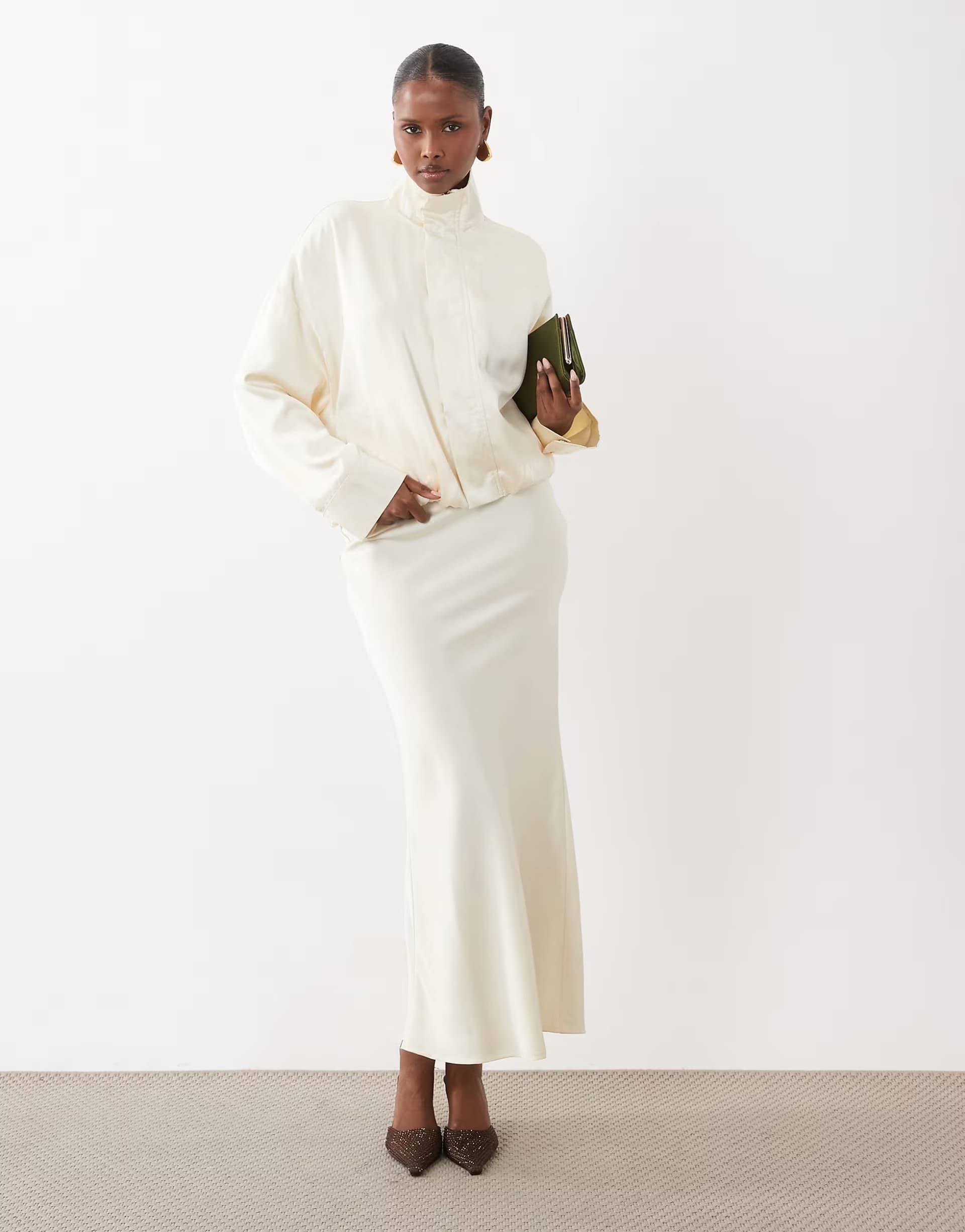 ASOS Kaiia exclusive satin funnel neck balloon hem bomber jacket and skirt in cream