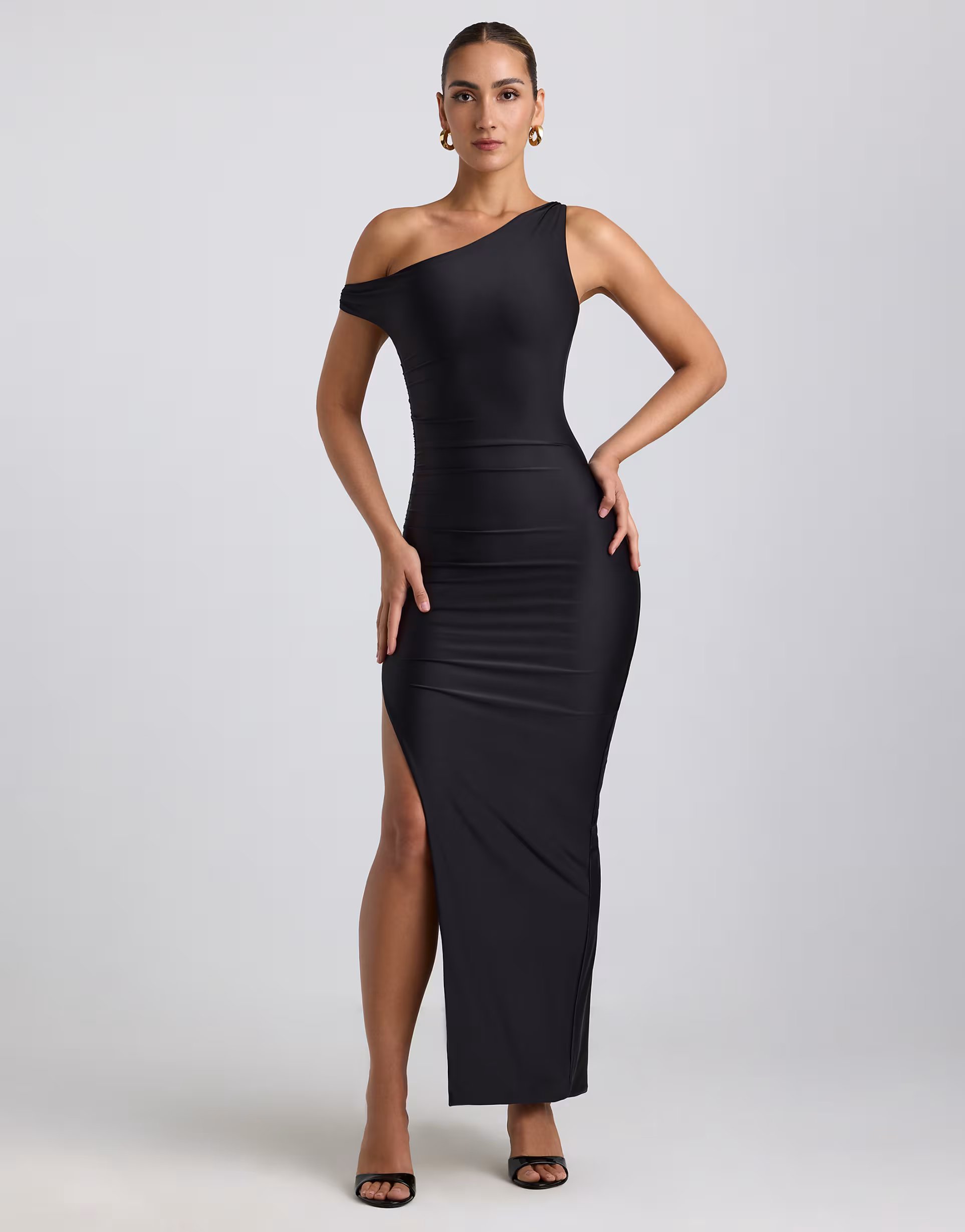ASOS Oh Polly Akeeva asymmetic shoulder midaxi dress with thigh split in black - 1