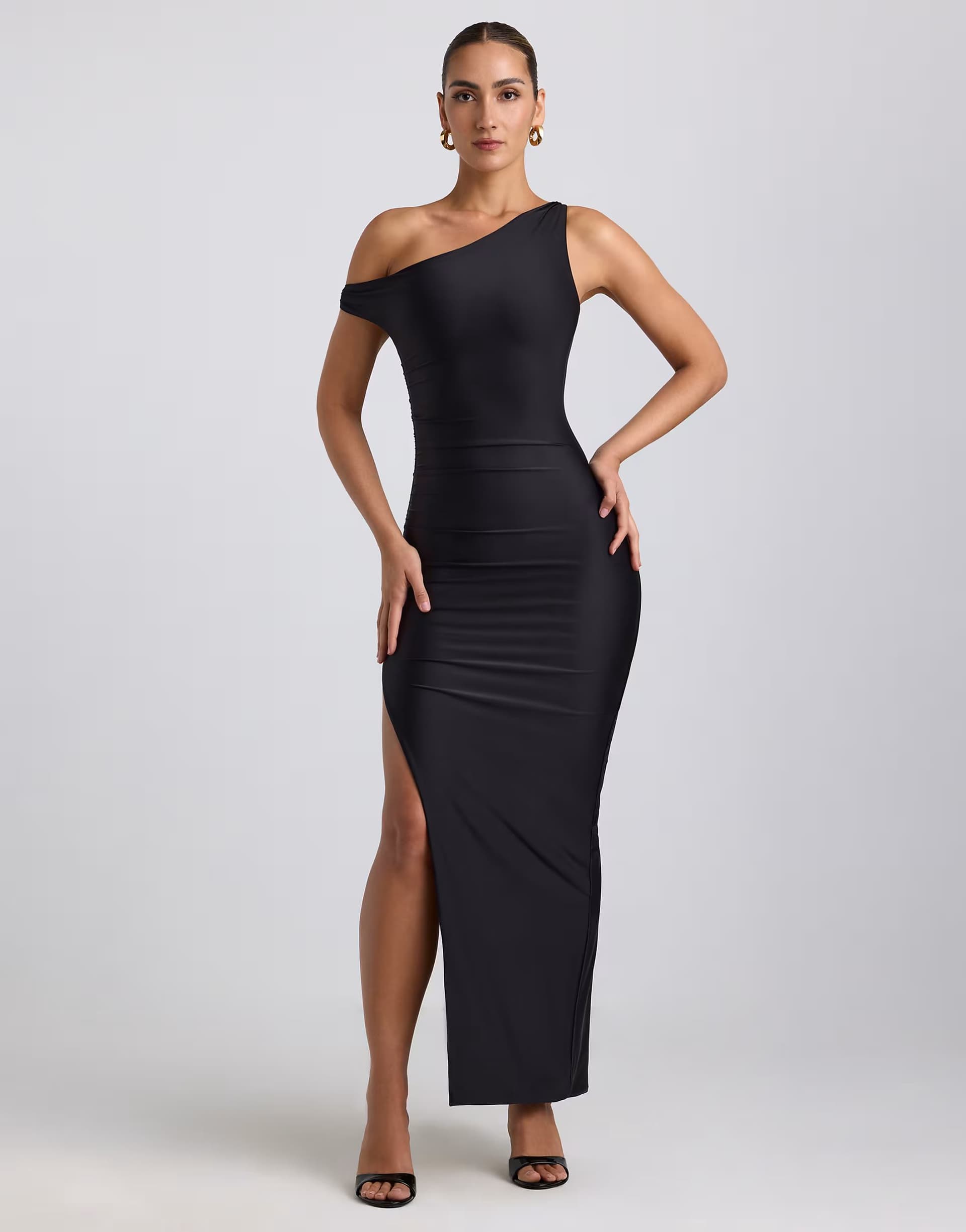 ASOS Oh Polly Akeeva asymmetic shoulder midaxi dress with thigh split in black