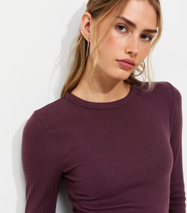 New Look Women's Dark Burgundy Cotton Rich Ribbed Crew Neck Long Sleeve Top New Look - 2