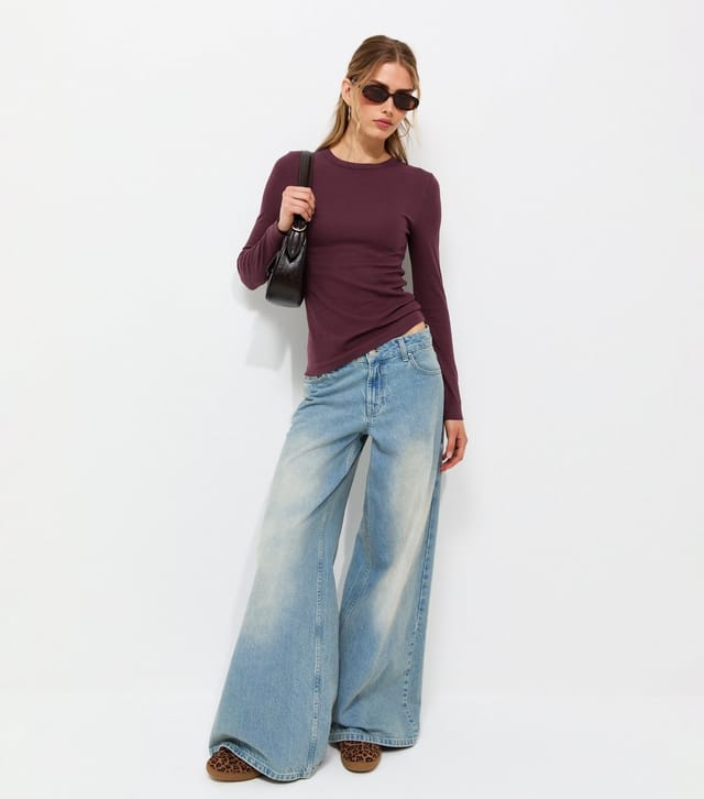 New Look Women's Dark Burgundy Cotton Rich Ribbed Crew Neck Long Sleeve Top New Look - 3