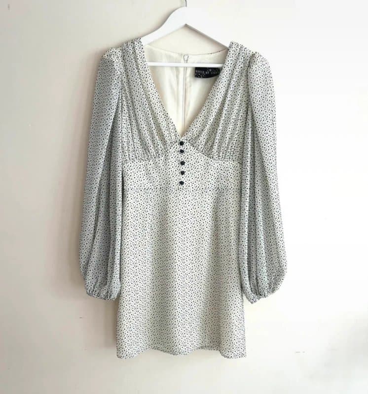 house of stars 🖤 House of Stars UK 8 Cream & Black Polka Dot Long Sleeve Mini Dress Vintage Style 🖤