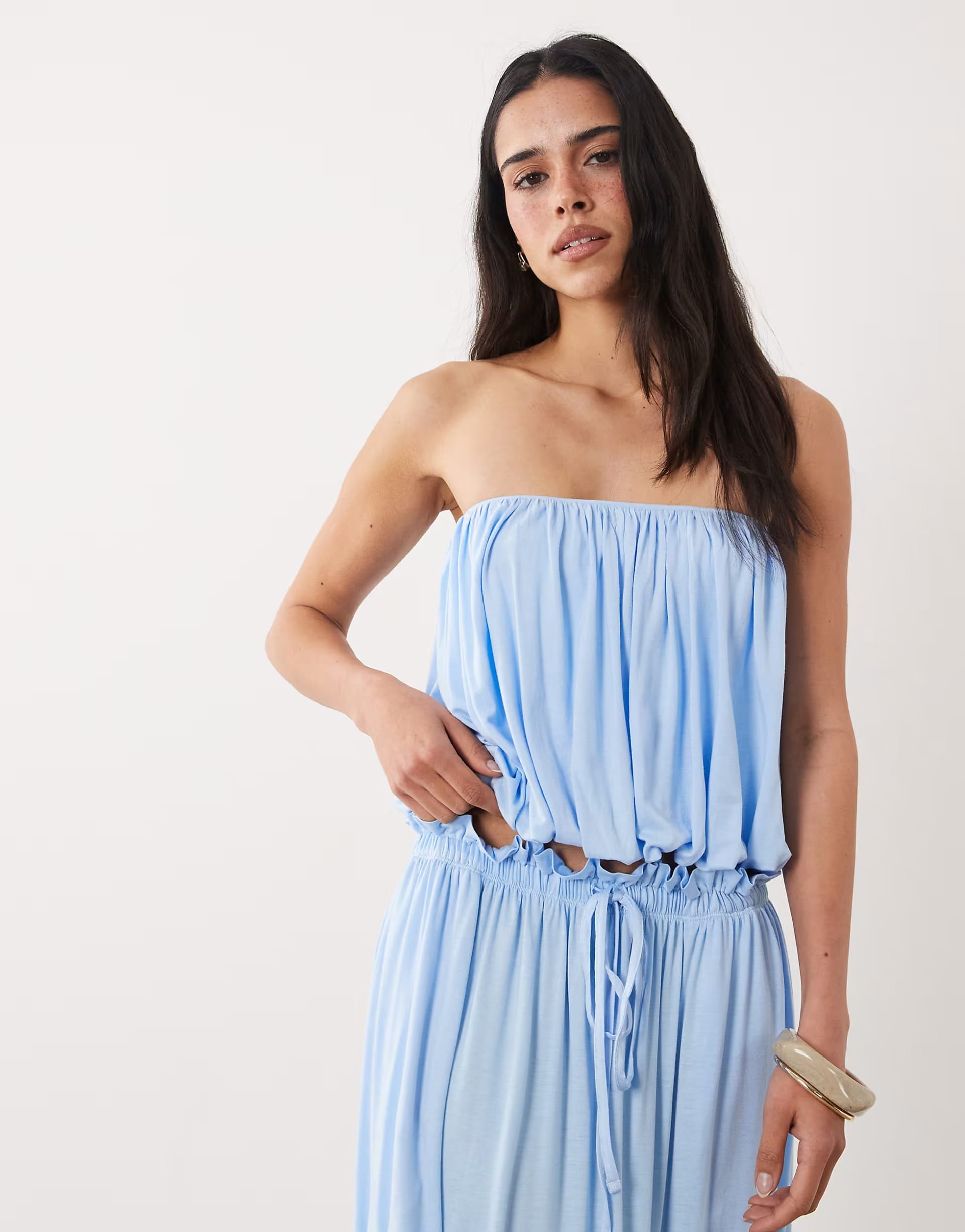 ASOS Light Blue Ruche Crop Top & Trousers Co-ord