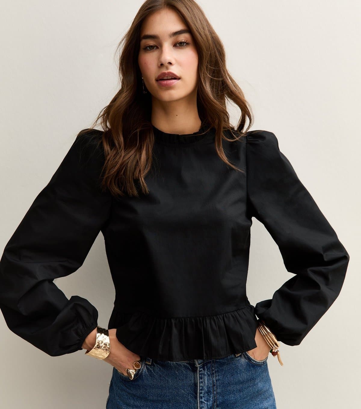 New Look Women's Black Cotton Ruffled Collar Long Sleeve Top New Look