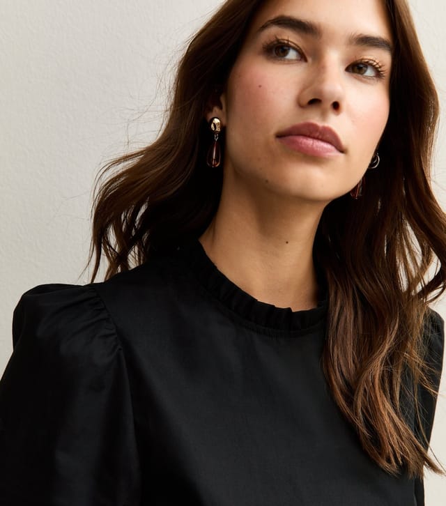 New Look Women's Black Cotton Ruffled Collar Long Sleeve Top New Look - 2