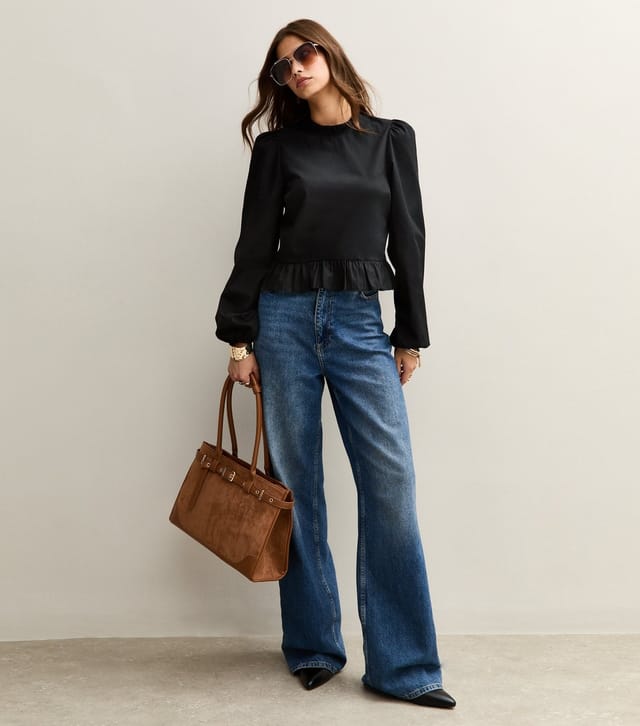 New Look Women's Black Cotton Ruffled Collar Long Sleeve Top New Look - 3