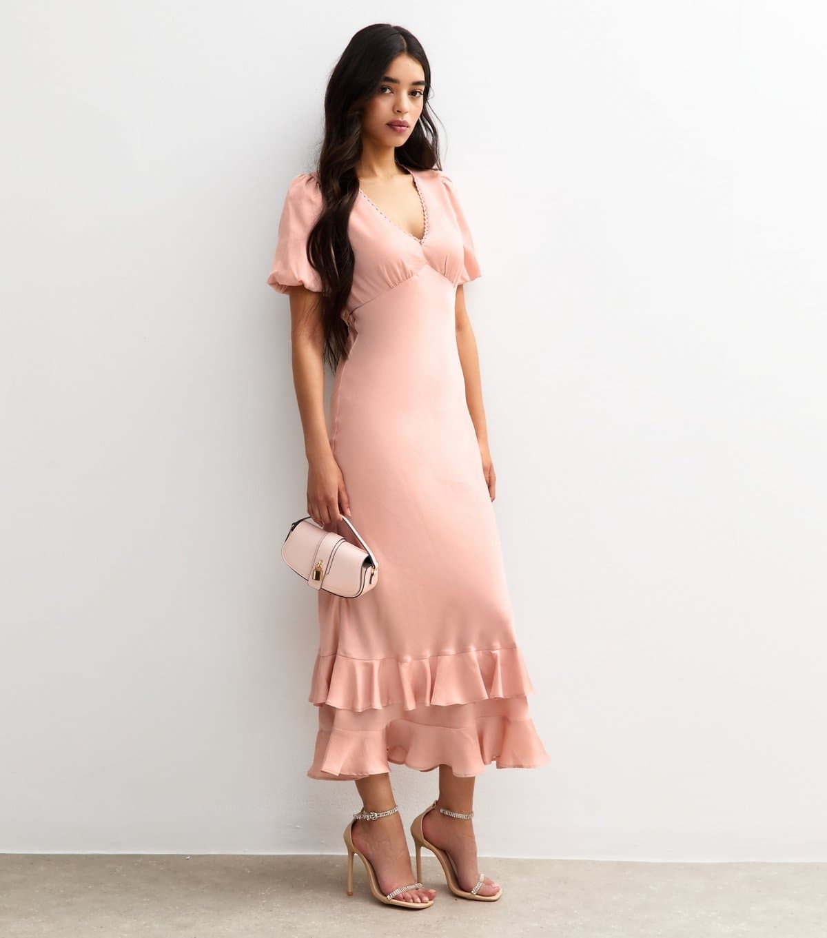 New Look Women's Light Pink Satin Puff Sleeve Ruffled Midi Dress New Look