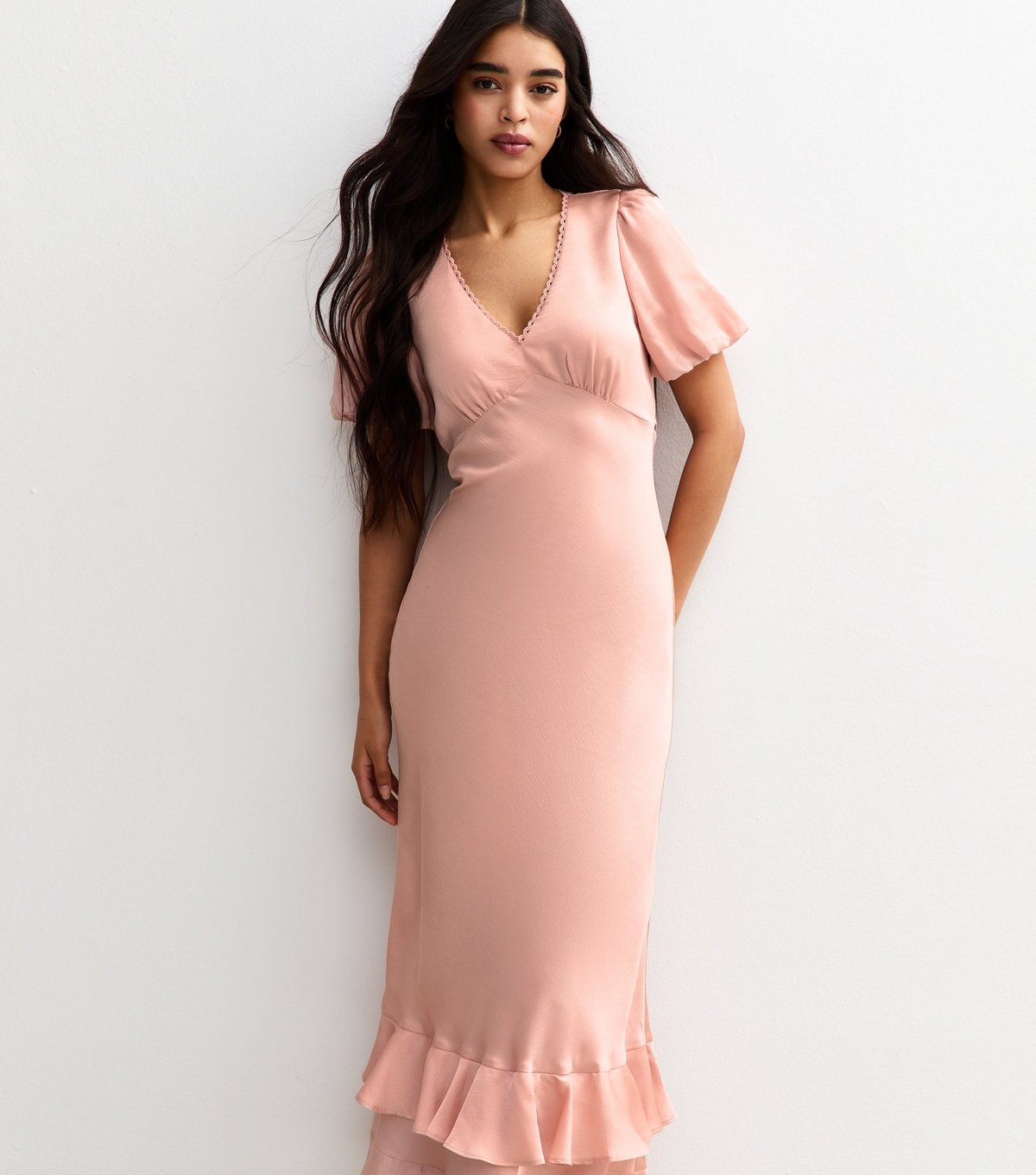 New Look Women's Light Pink Satin Puff Sleeve Ruffled Midi Dress New Look - 2