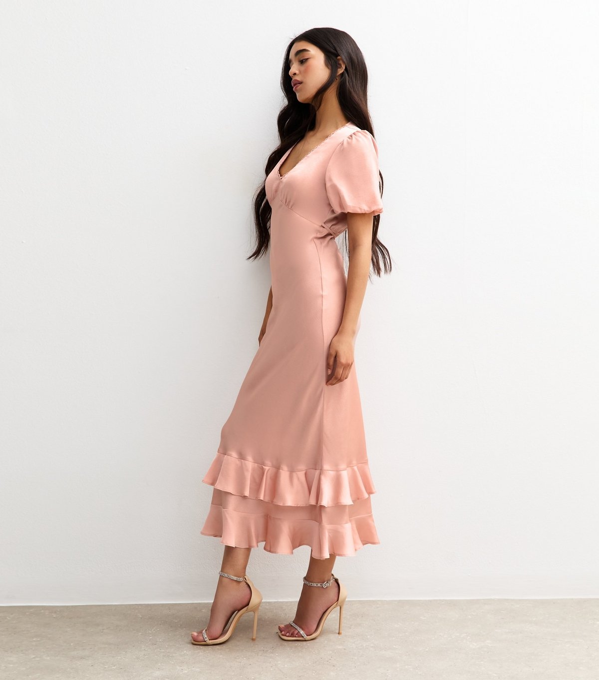 New Look Women's Light Pink Satin Puff Sleeve Ruffled Midi Dress New Look - 3