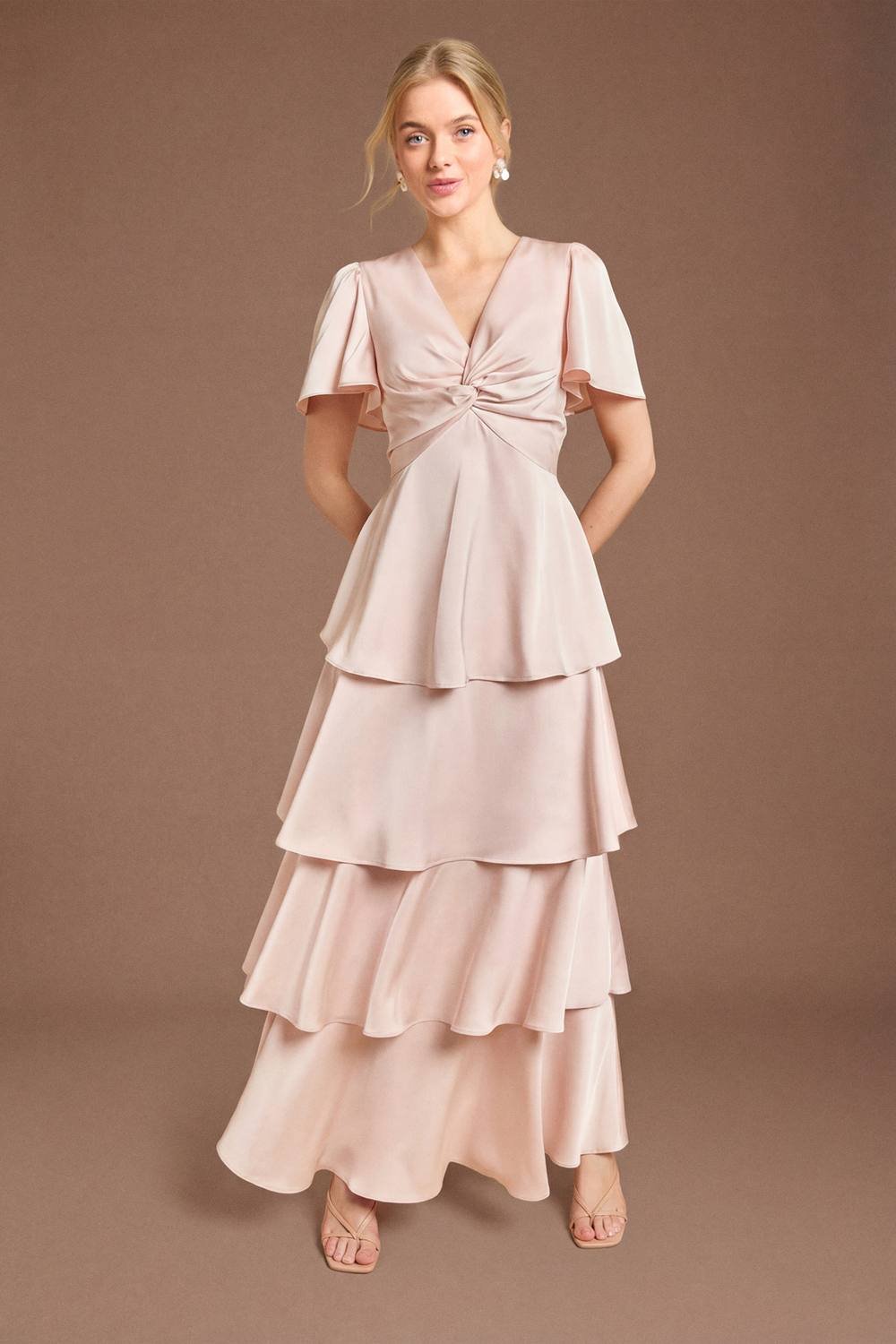 Oasis Oasis Women's Satin Twist Front Tiered Bridesmaid Maxi Dress in Blush - 2