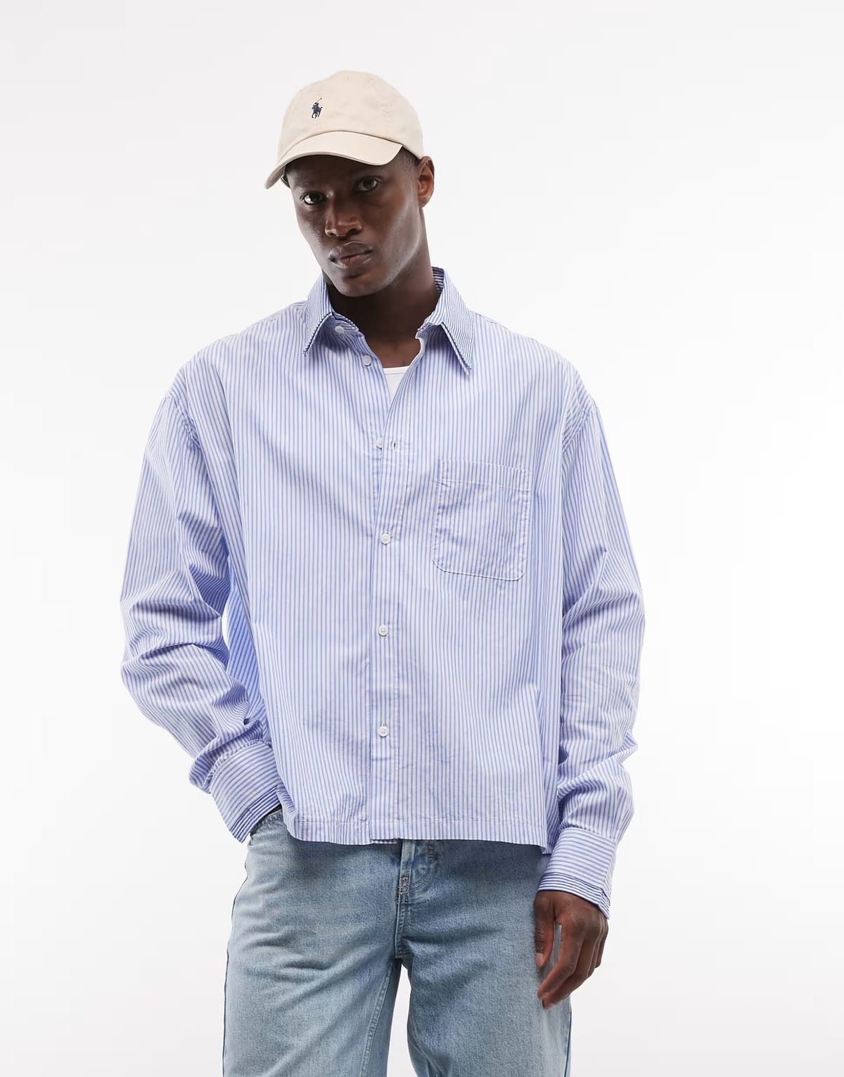ASOS Weekday contrast collar long sleeve shirt in white and blue stripe - 1