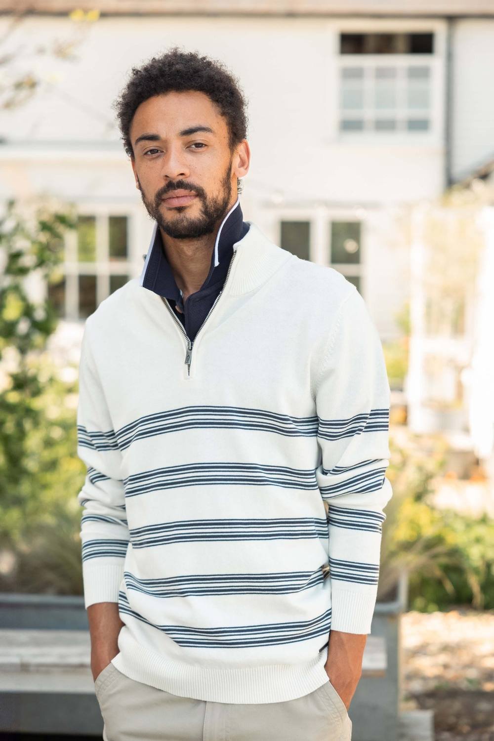 Weird Fish Weird Fish Men's Gunnar 1/4 Zip Fine Knit Stripe Jumper in Cream - 3