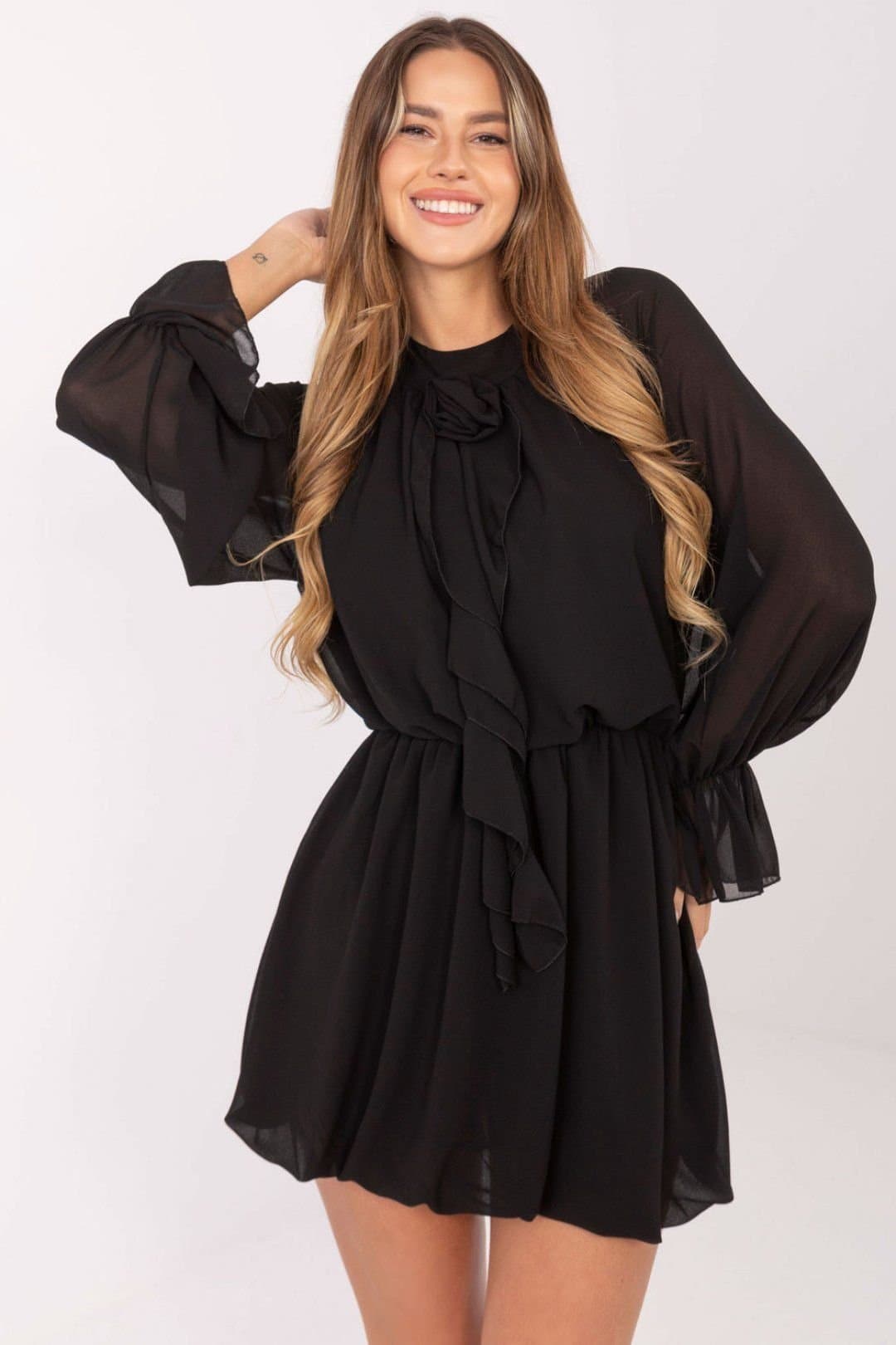Love Lace Love Lace Women's Flared Cocktail Dress with Jabot in Black