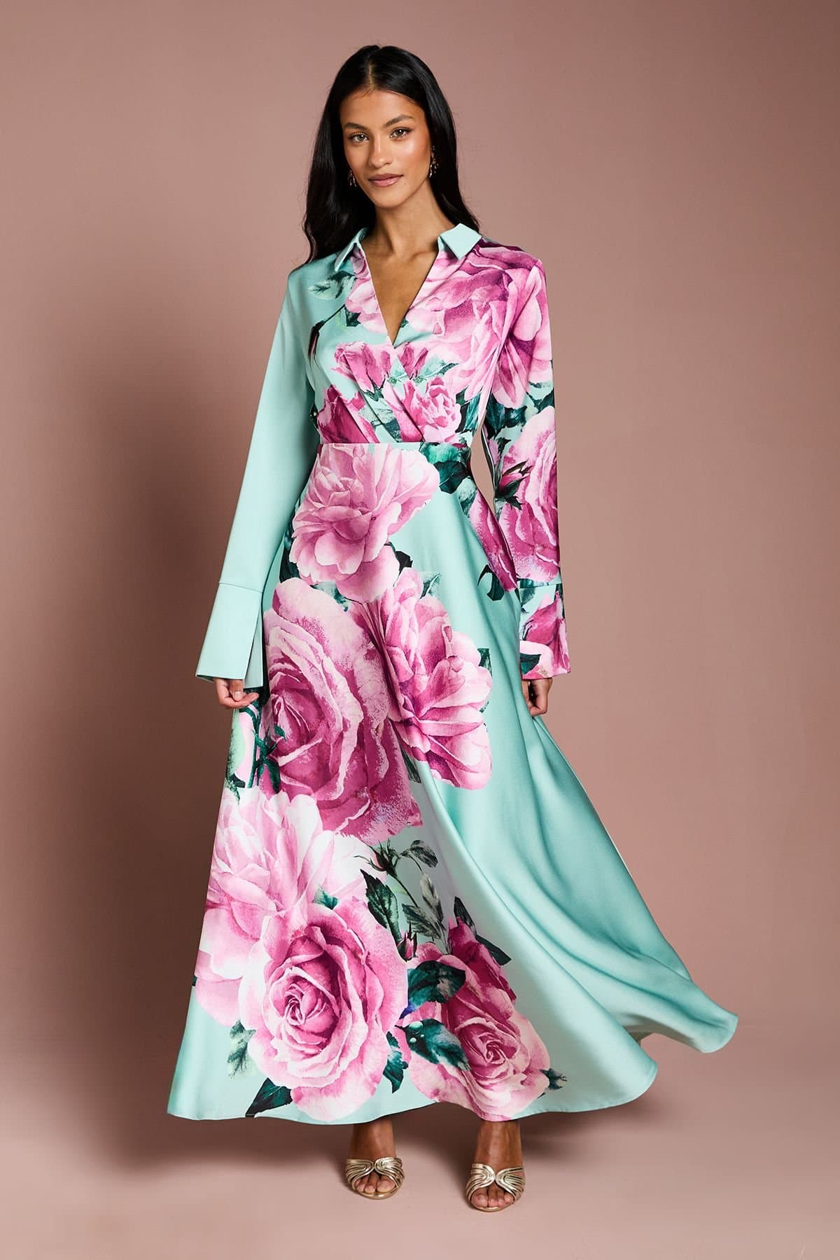 Coast Coast Women's Petite Placement Print Wrap Front Gown in Sage