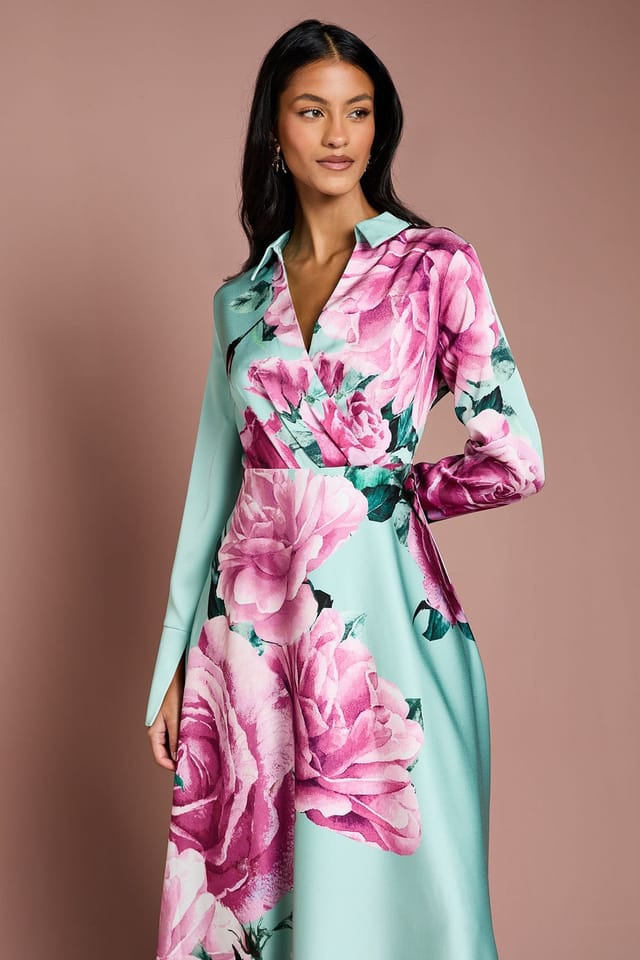Coast Coast Women's Petite Placement Print Wrap Front Gown in Sage - 2