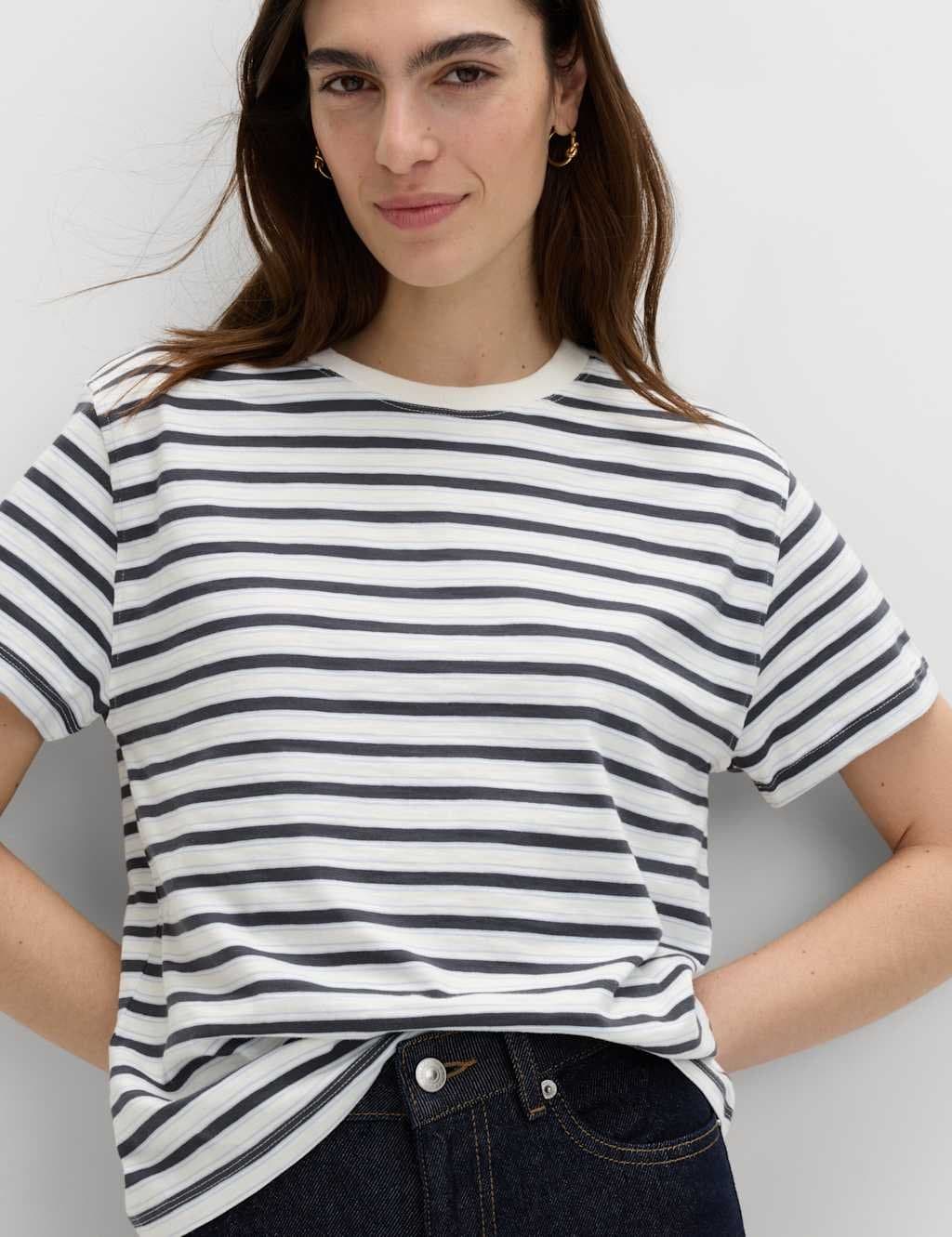 Marks & Spencer M&S Pure Slub Cotton Striped T-Shirt White Mix