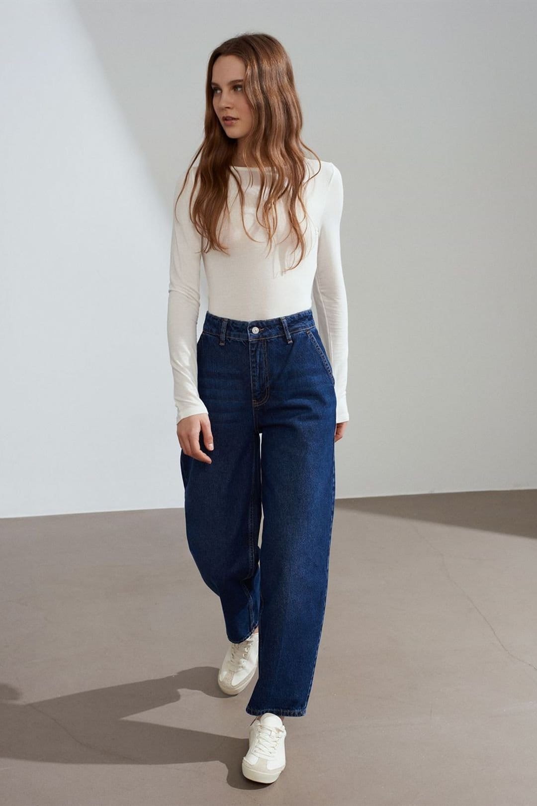 Dilvin Dilvin Women's High-Waist Wide-Leg Jeans in Dark Indigo - 4
