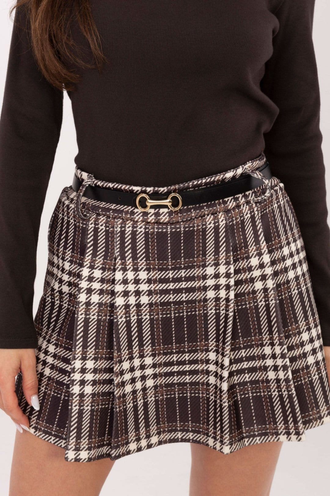 Love Lace Love Lace Women's Checkered High Waist Skirt Shorts with Belt in Brown - 4