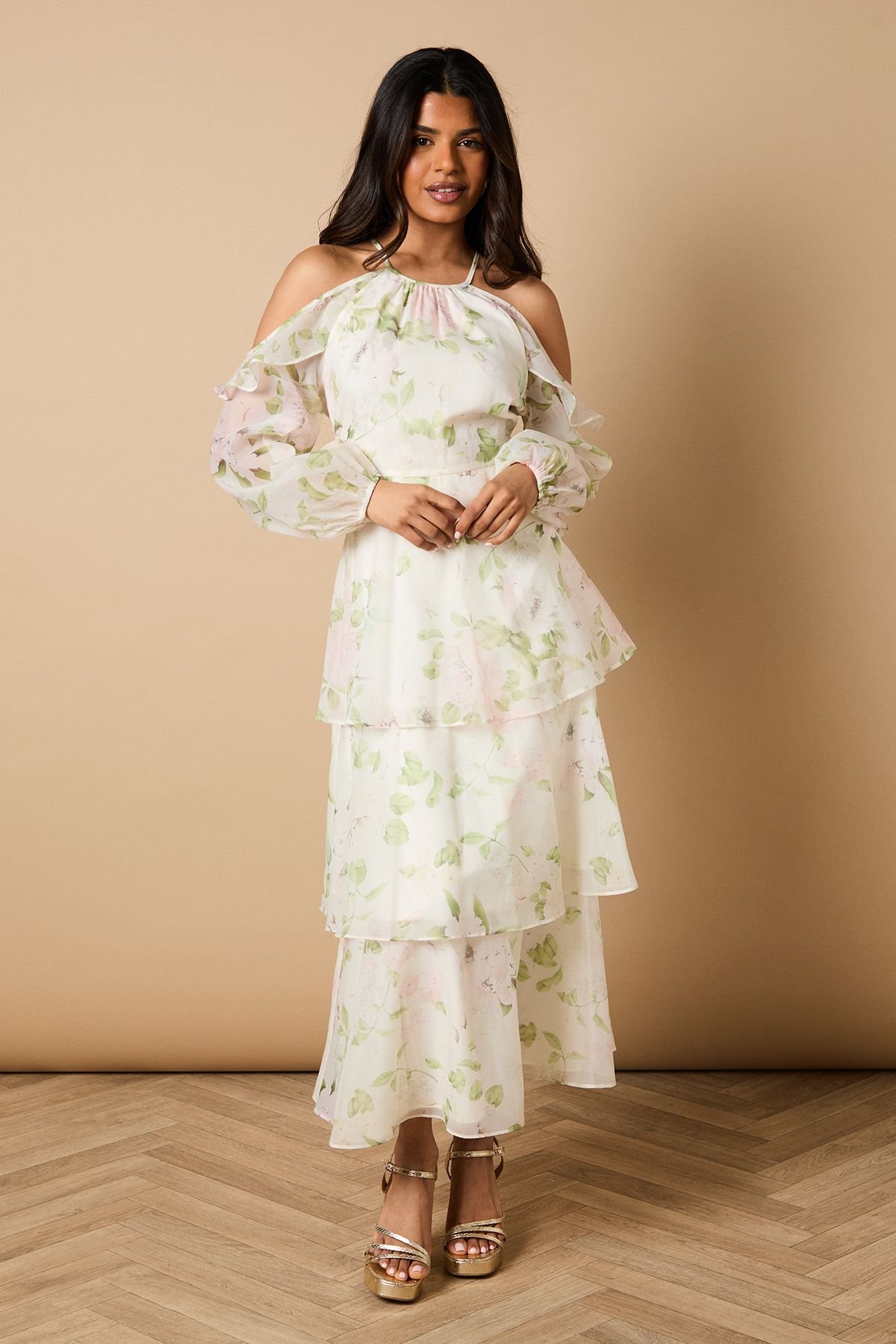 Oasis Oasis Women's Petite Rose Floral Organza Cold Shoulder Midi Dress in Ivory - 2