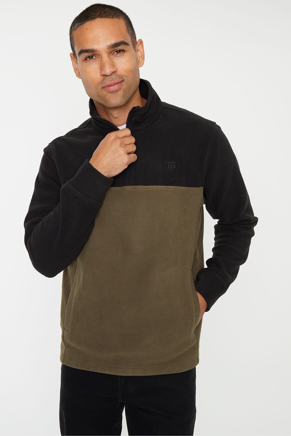 Threadbare Men's Black Two Tone Quarter Zip Fleece Jumper