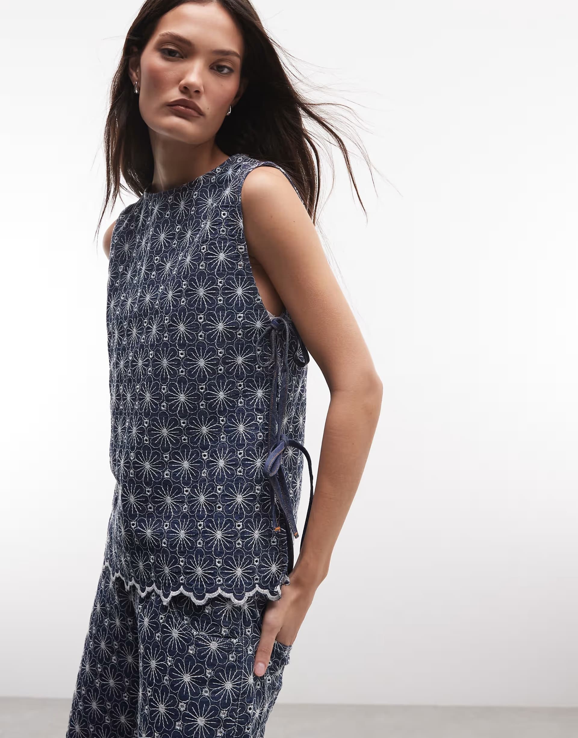 ASOS Reclaimed Vintage chambray denim cutwork tie detail tabard co-ord in indigo