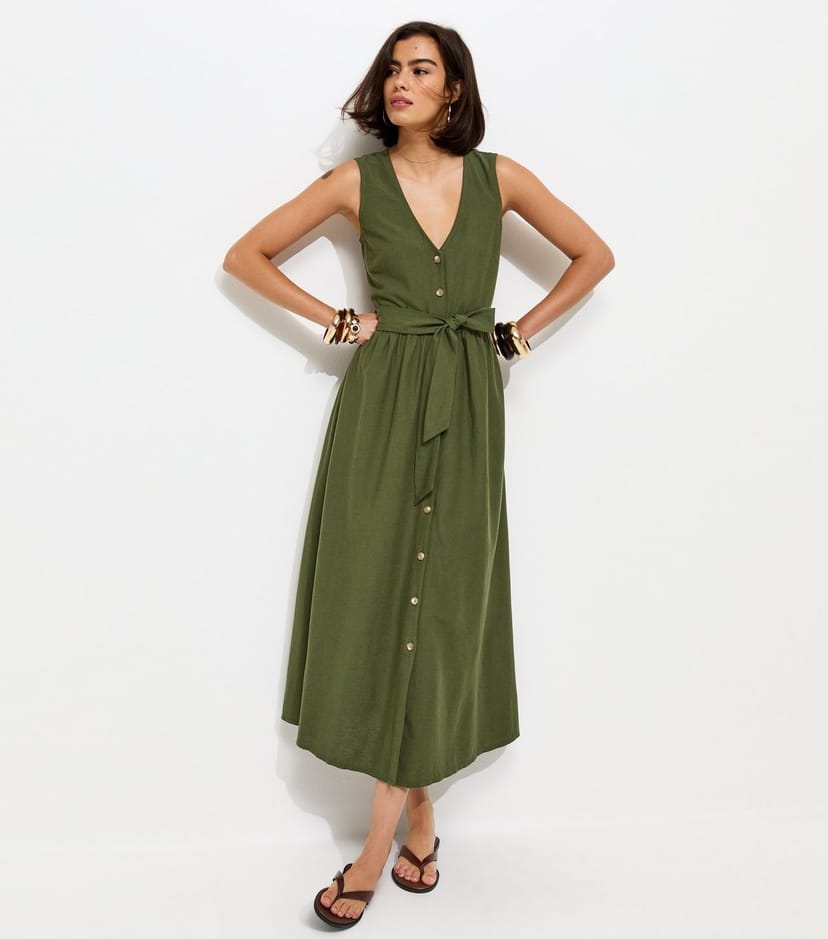 New Look Women's Dark Khaki Sleeveless Button Through Midi Dress New Look - 1