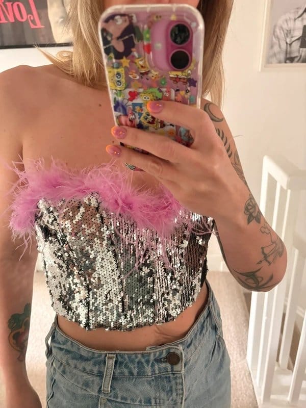 Bershka Silver Sequin Feather Trim Corset