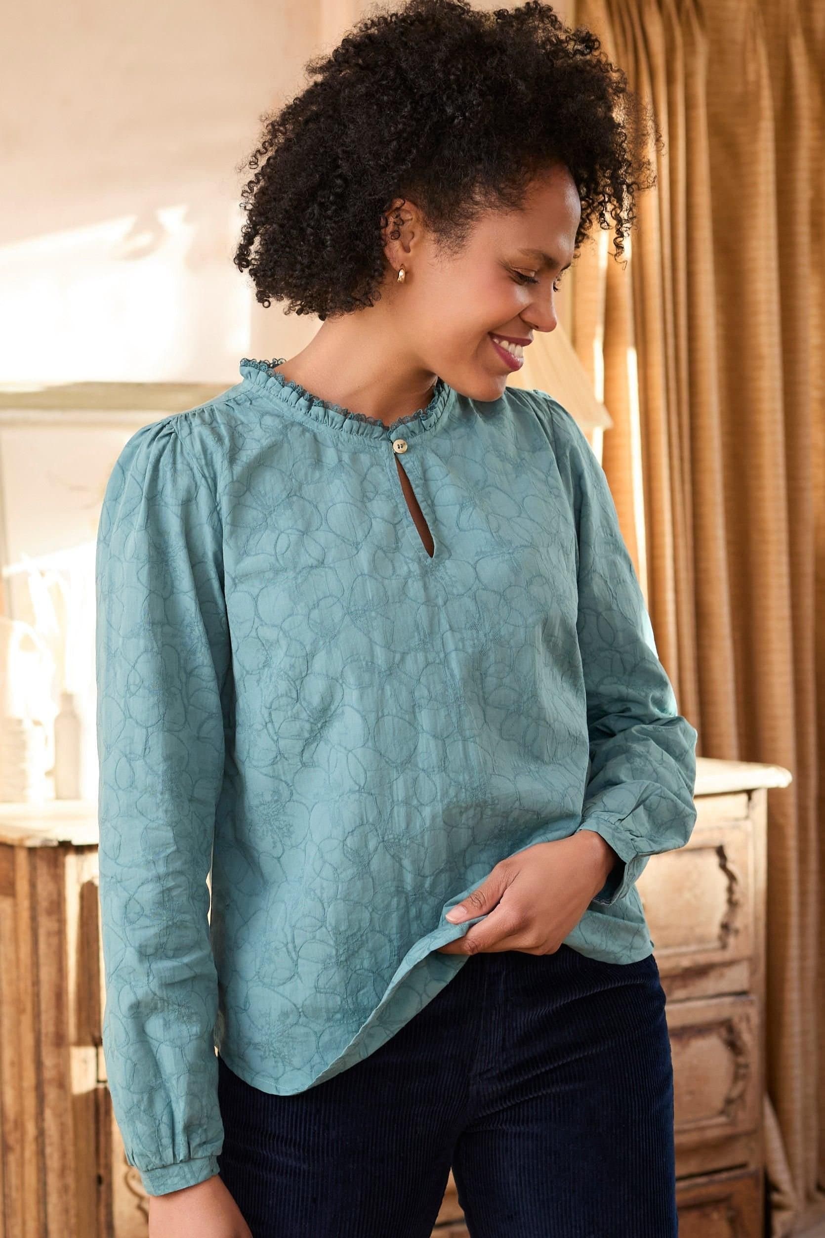 Lily & Me Lily & Me Mid Blue Textured Jacquard Blouse