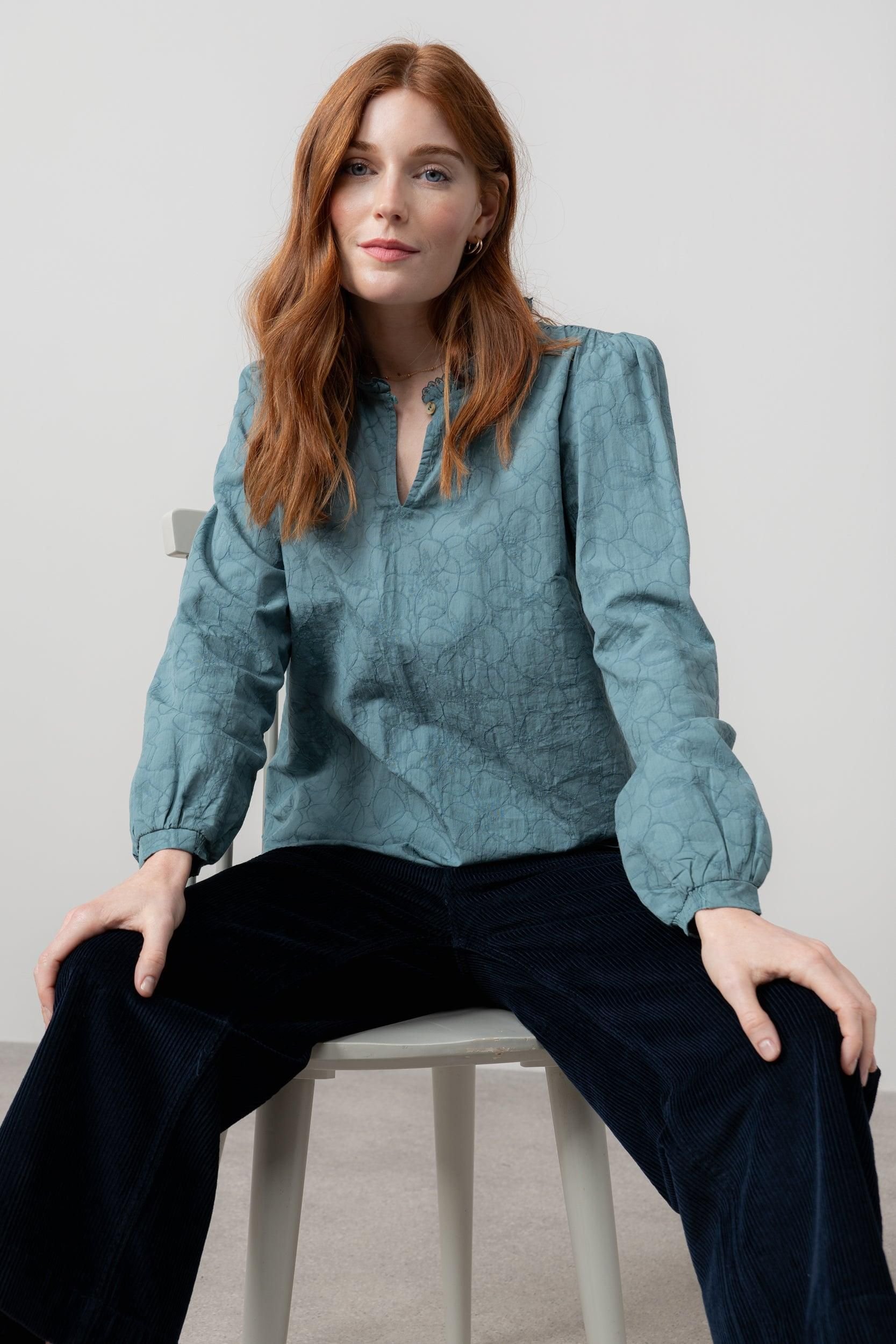 Lily & Me Lily & Me Women's Emily Textured Jacquard Long Sleeve Keyhole Blouse in Mid Blue - 2