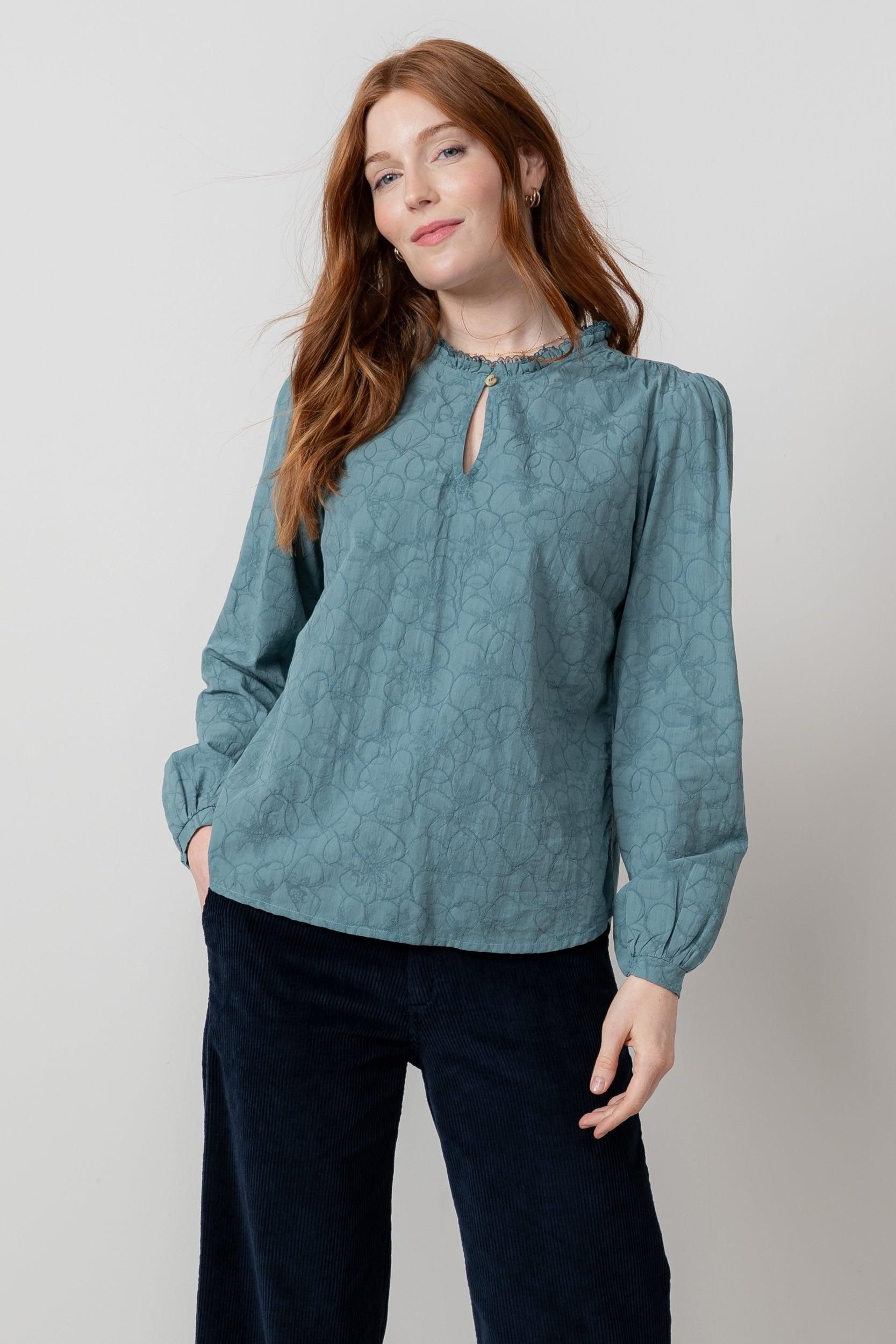 Lily & Me Lily & Me Women's Emily Textured Jacquard Long Sleeve Keyhole Blouse in Mid Blue - 3
