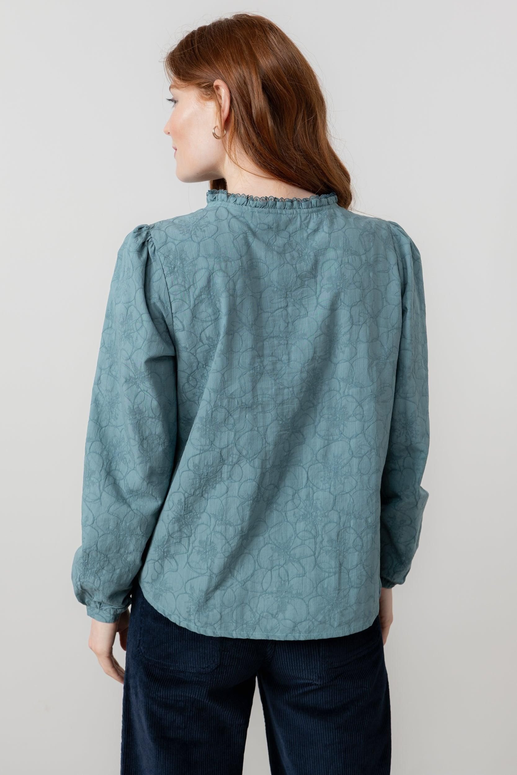 Lily & Me Lily & Me Women's Emily Textured Jacquard Long Sleeve Keyhole Blouse in Mid Blue - 4