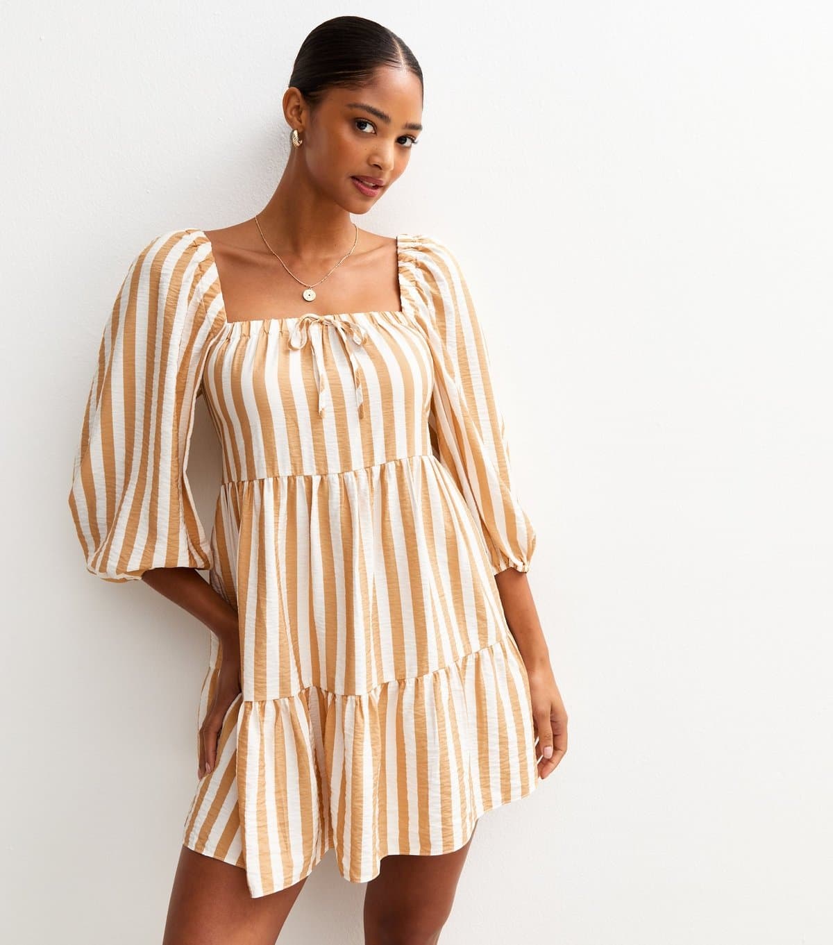 New Look Women's Brown Striped Smock Tiered Mini Dress New Look