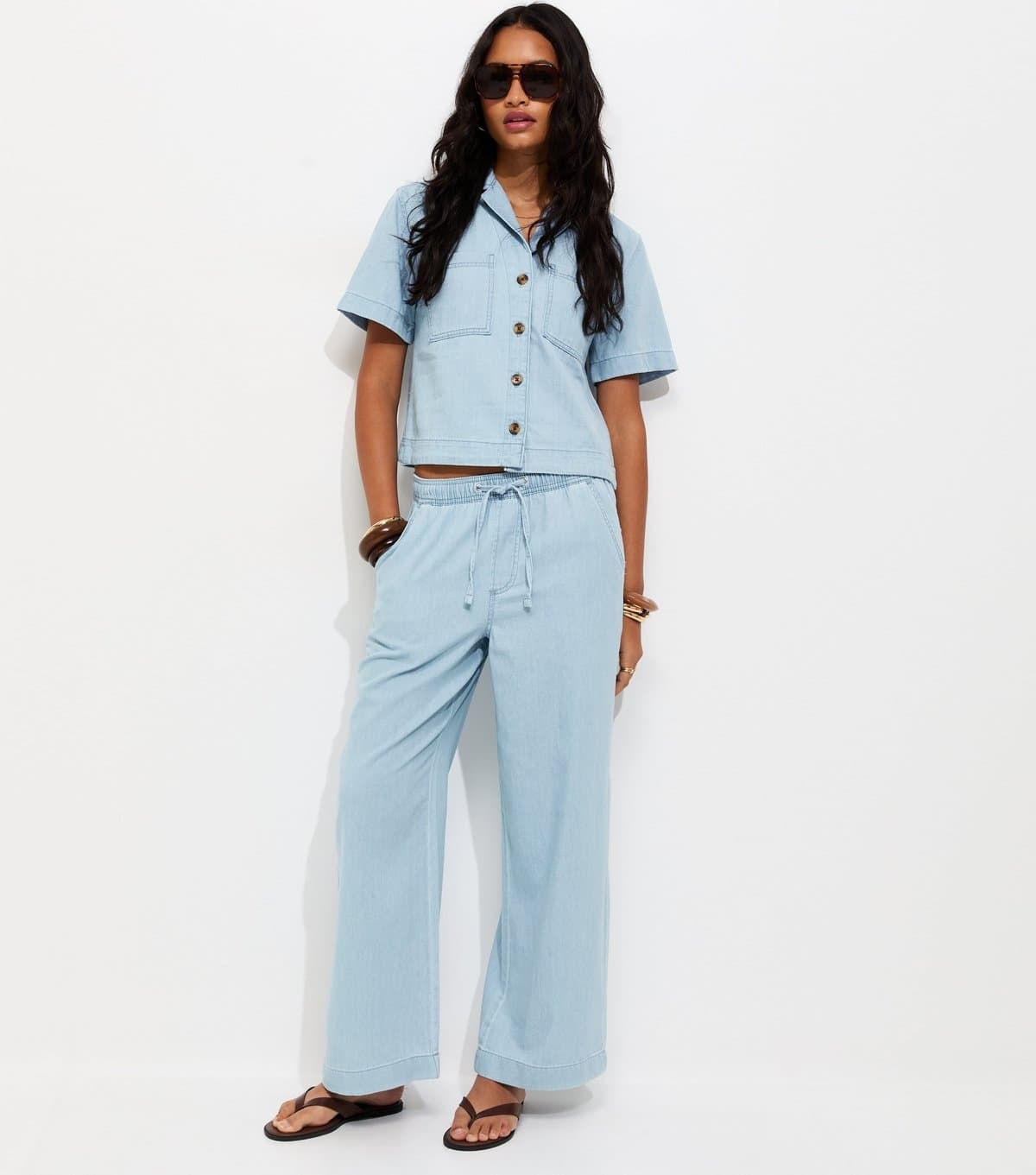 New Look Women's Light Blue Denim Drawstring Wide Leg Trousers New Look