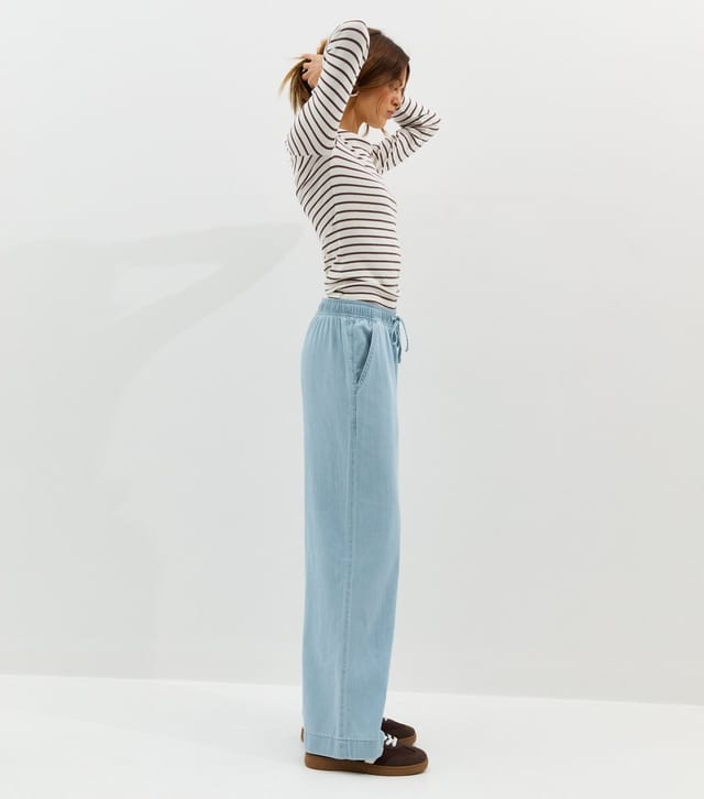 New Look Women's Light Blue Denim Drawstring Wide Leg Trousers New Look - 2