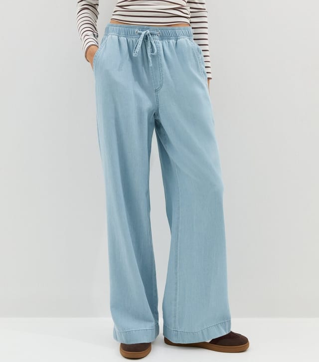 New Look Women's Light Blue Denim Drawstring Wide Leg Trousers New Look - 3