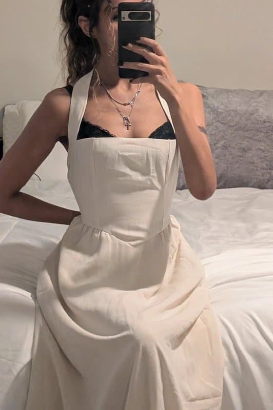 Source Unknown Cream Halterneck Linen-Look Maxi Dress Brand New| Old Money | Cottagecore Size S