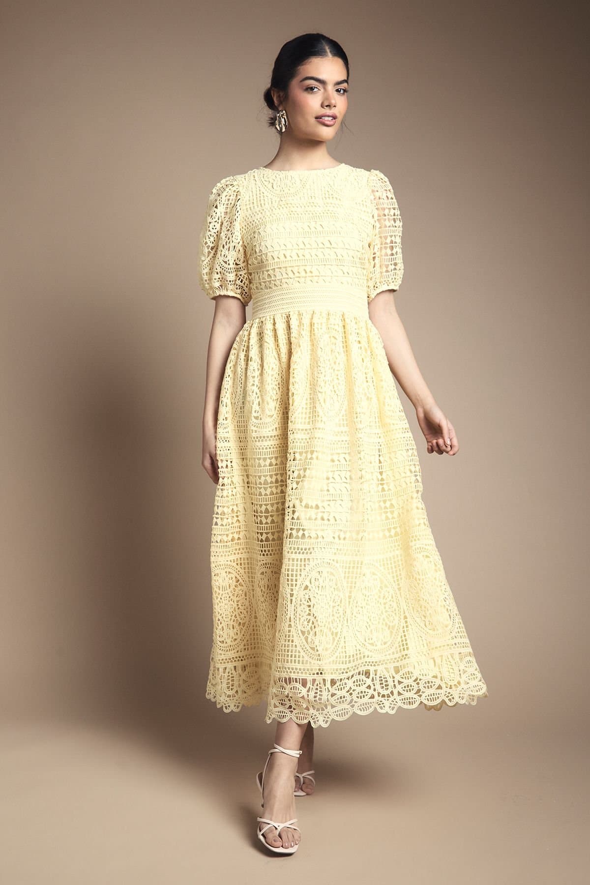 Oasis Oasis Women's Lace Puff Sleeve Midaxi Dress in Yellow