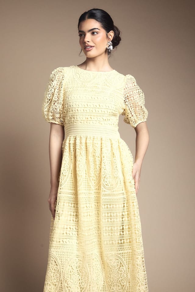 Oasis Oasis Women's Lace Puff Sleeve Midaxi Dress in Yellow - 2