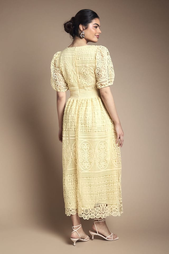 Oasis Oasis Women's Lace Puff Sleeve Midaxi Dress in Yellow - 3