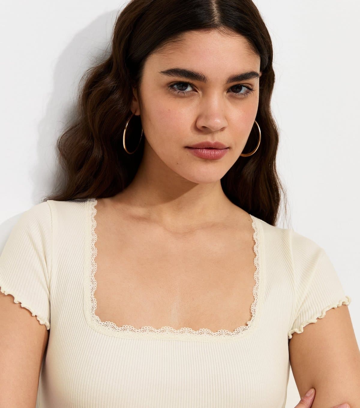 New Look Women's Cream Cotton Rich Short Sleeve Lace Trim Square Neck Top New Look