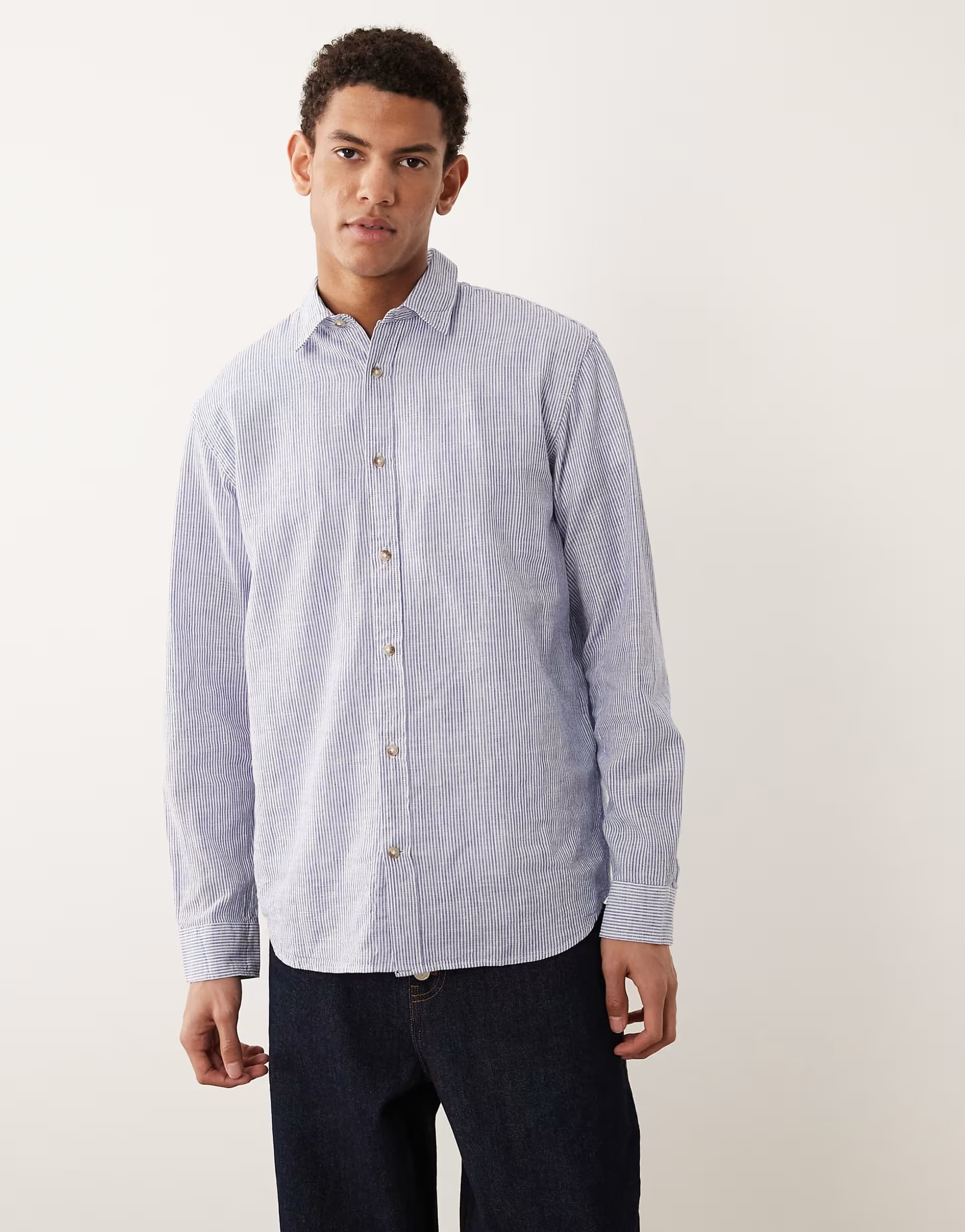 ASOS Jack & Jones linen blend long sleeve shirt in blue stripe