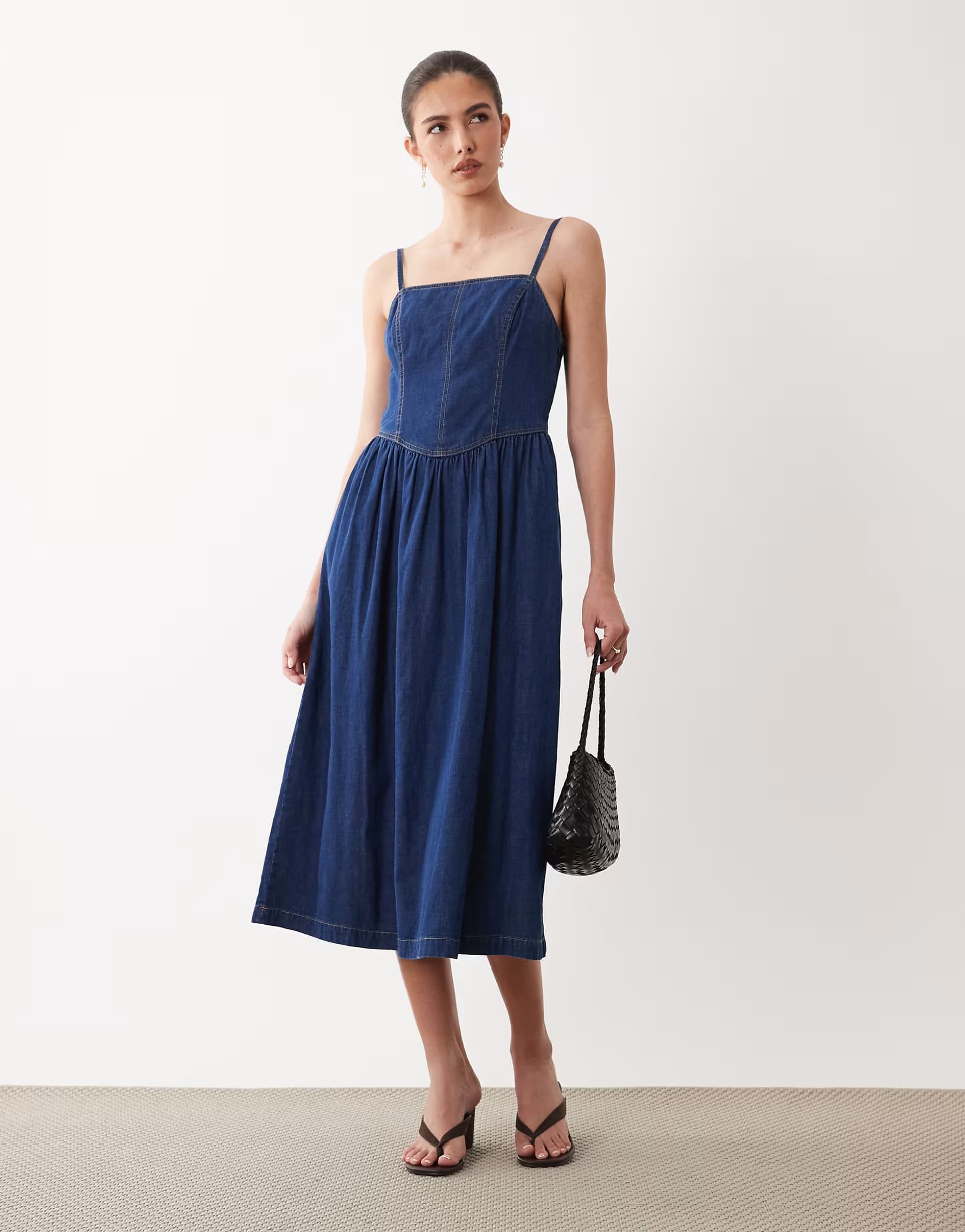 ASOS Nobody's Child Jones denim bodice detail ruched skirt midi dress in dark wash