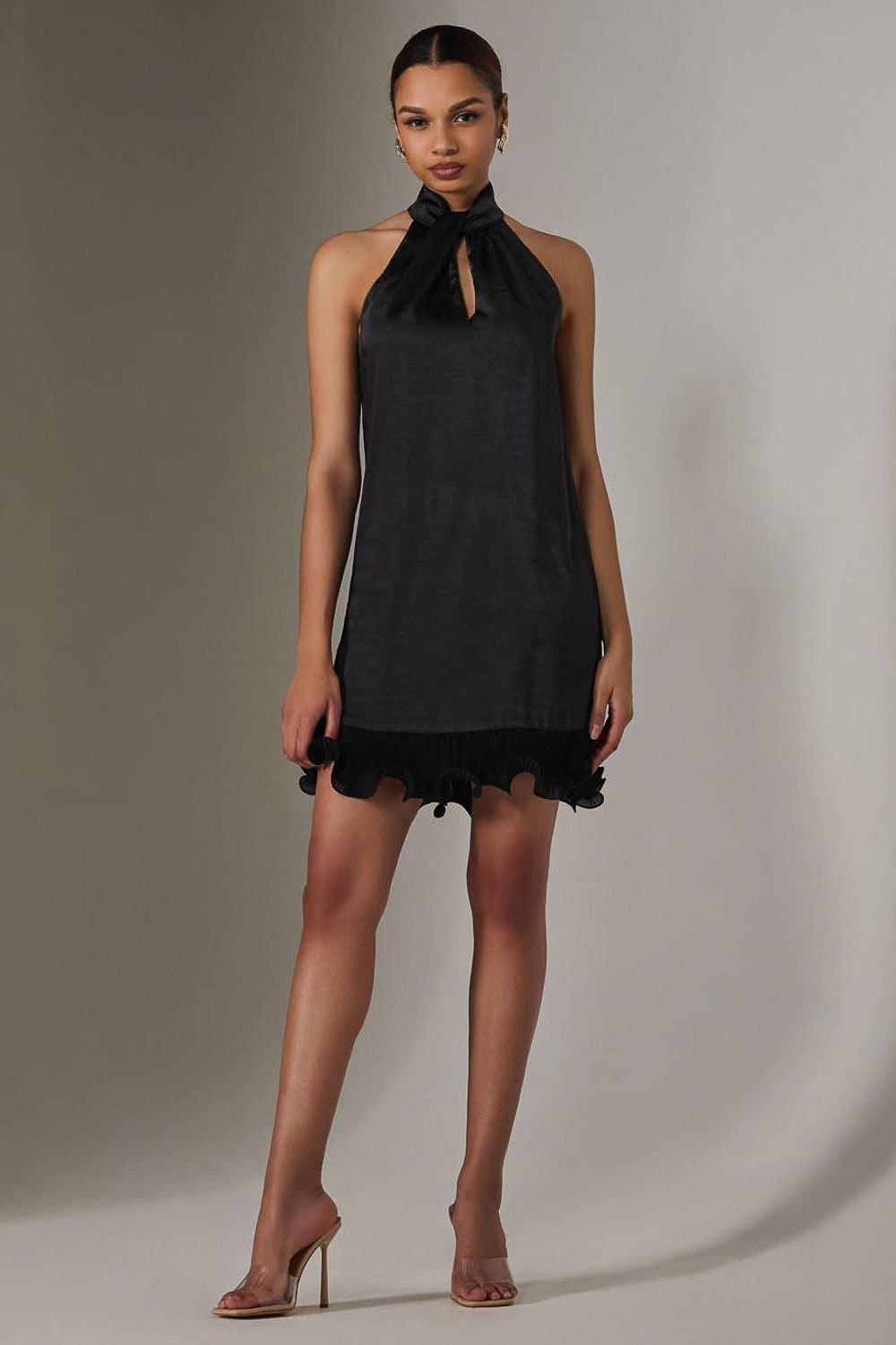 Jolie Moi Jolie Moi Women's Satin Halterneck Mini Dress in Black