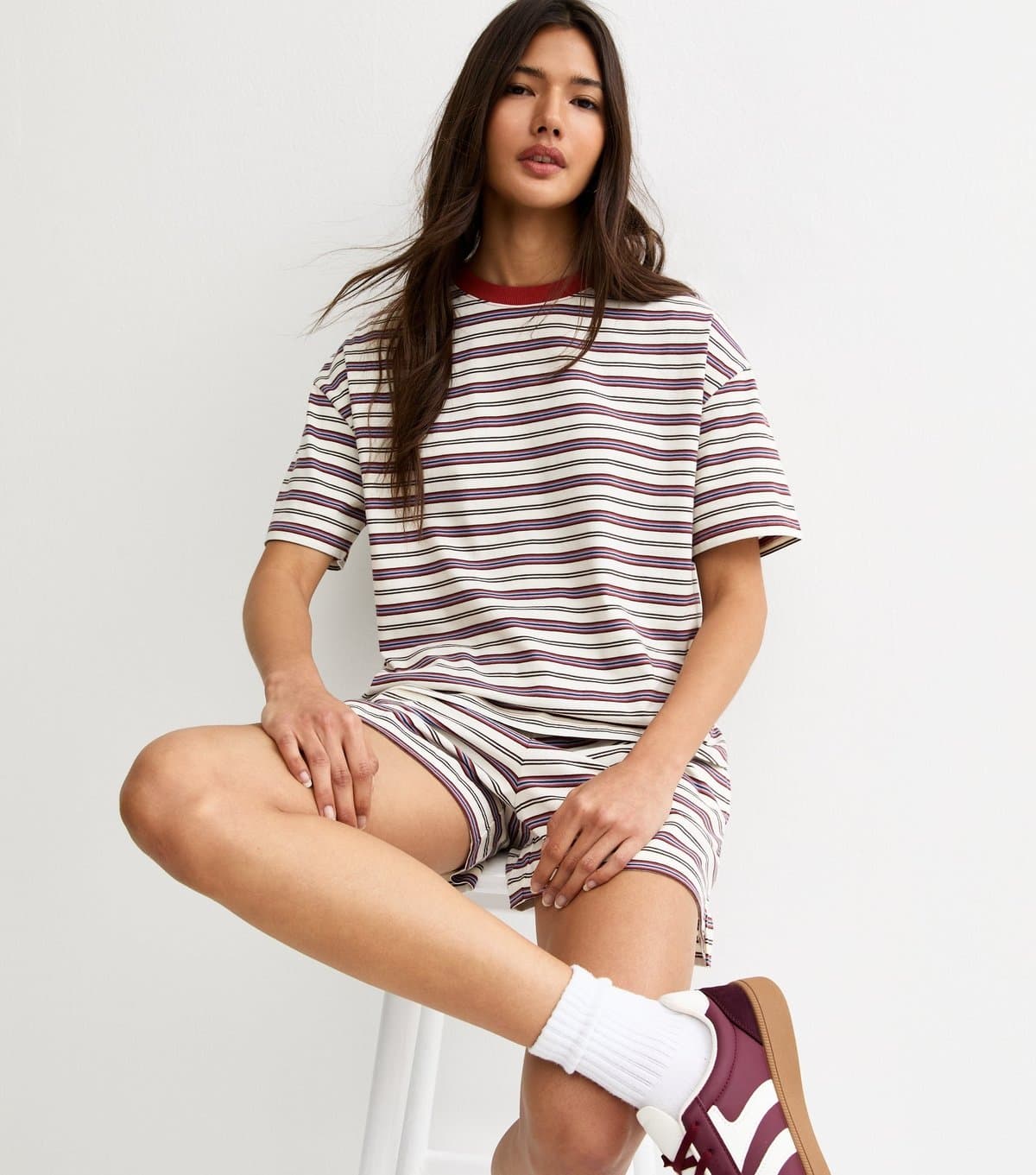 New Look Women's Red and White Cotton Striped T-Shirt New Look
