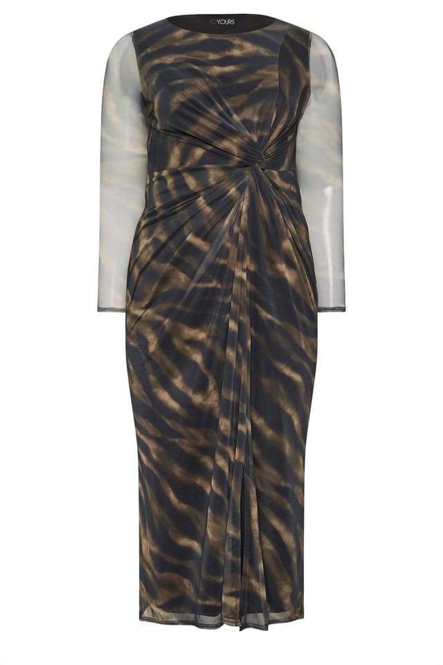 Yours Yours Women's Zebra Mesh Side Knot Midi Dress in Dark Brown - 2