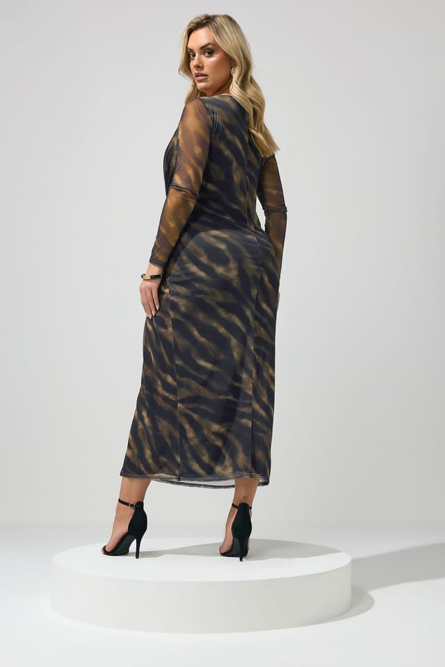 Yours Yours Women's Zebra Mesh Side Knot Midi Dress in Dark Brown - 3