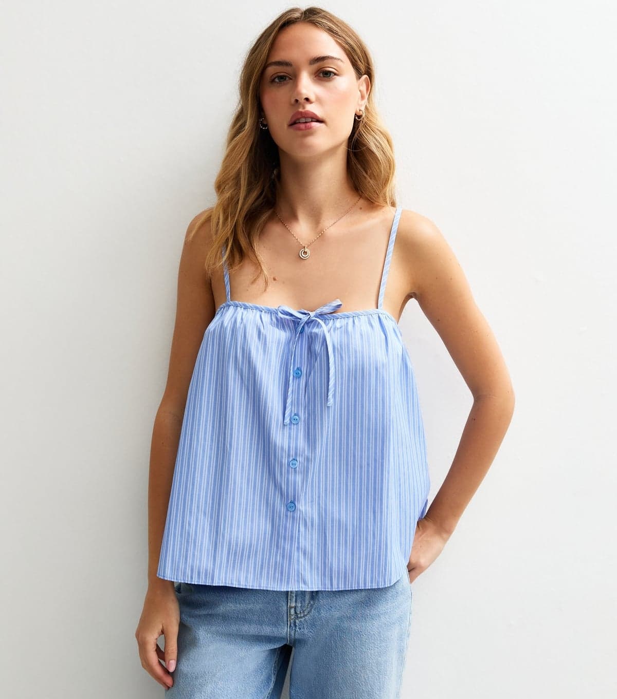 New Look Women's Blue Striped Poplin Button Cami Top New Look