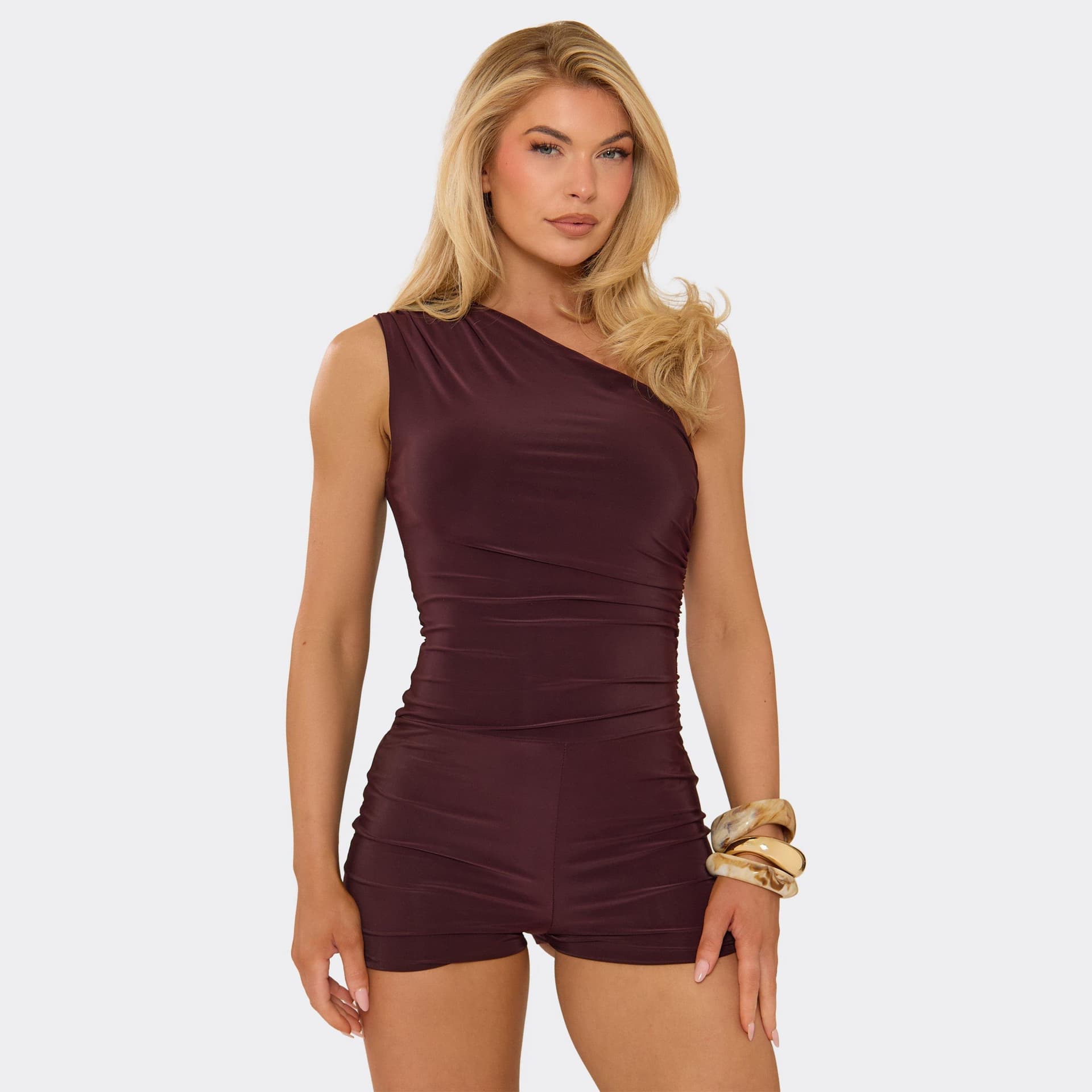 EGO One Shoulder Ruched Playsuit In Chocolate Brown, Women's Size UK 6